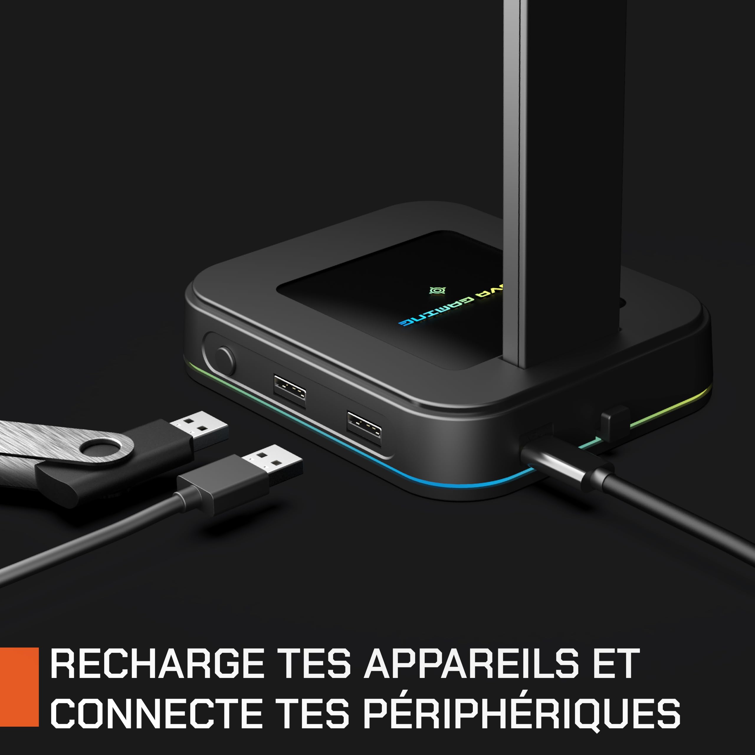 NOVA GAMING - Hydra - Soporte para Auriculares Gaming RGB - Sincroniza y Carga Smartphones - 2 Puertos USB, Animación RGB, Patines Antideslizantes, Ligeros y Portales