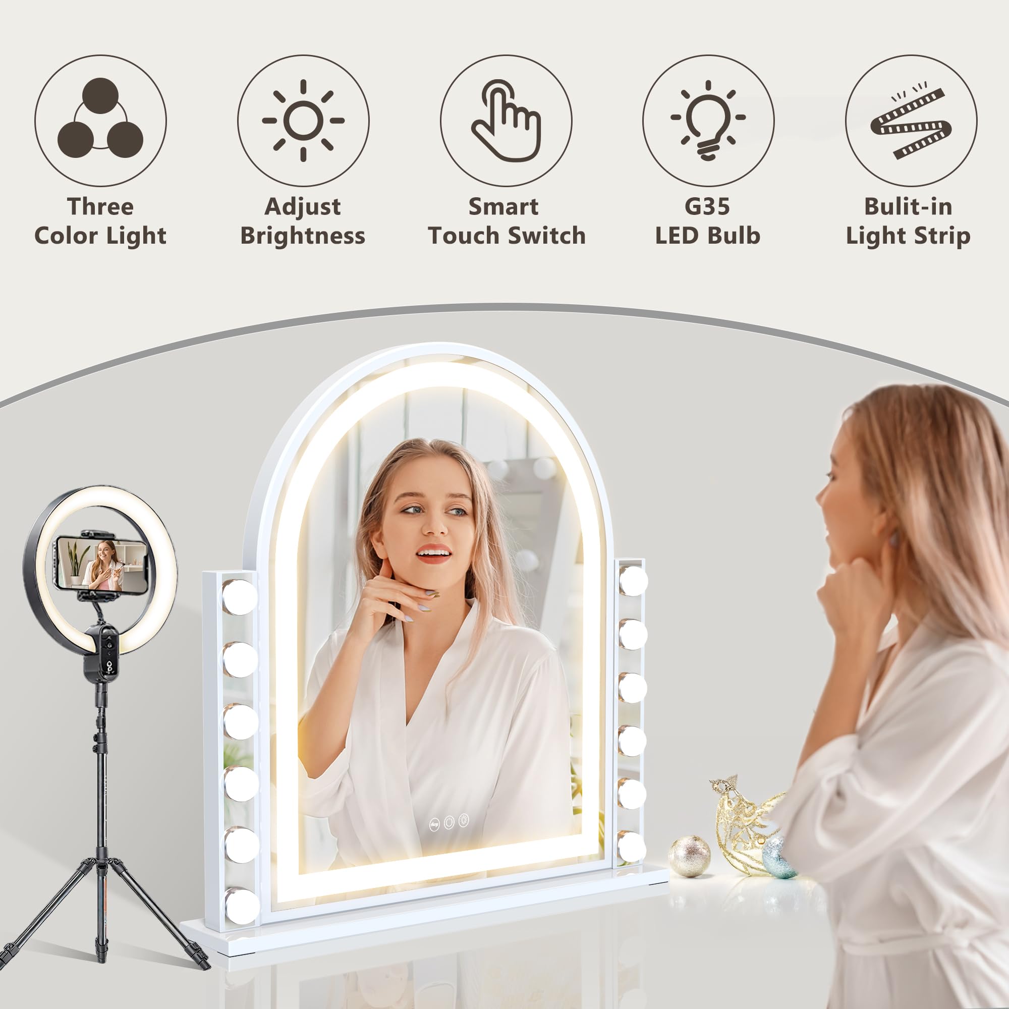 FENCHILIN Schminkspiegel mit Beleuchtung 59.5x57cmHollywood Spiegel mit 12 Dimmbare und Lichtleiste 3 Farbmodi Bogenförmiger Spiegel mit Beleuchtung Touch Steurung HD Gehärtetes Glas Weiß