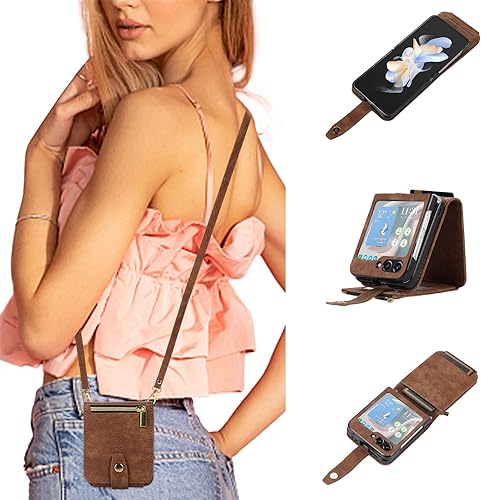 UEEBAI Funda tipo cartera cruzada para Samsung Galaxy Z Flip 5 5G, ranuras para tarjetas, cubierta cruzada ajustable con cremallera, correa de