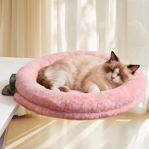 Odoland Large Cat Desk Bed - Cat Perch Clamp for Home Workers - 360 Rotating Desktop Hammock with Replace Mattress for Winter Summer - Hold UP to 50LBS for Kitten Adult Cats Small Pet, Pink - Pink (360 Rotation)