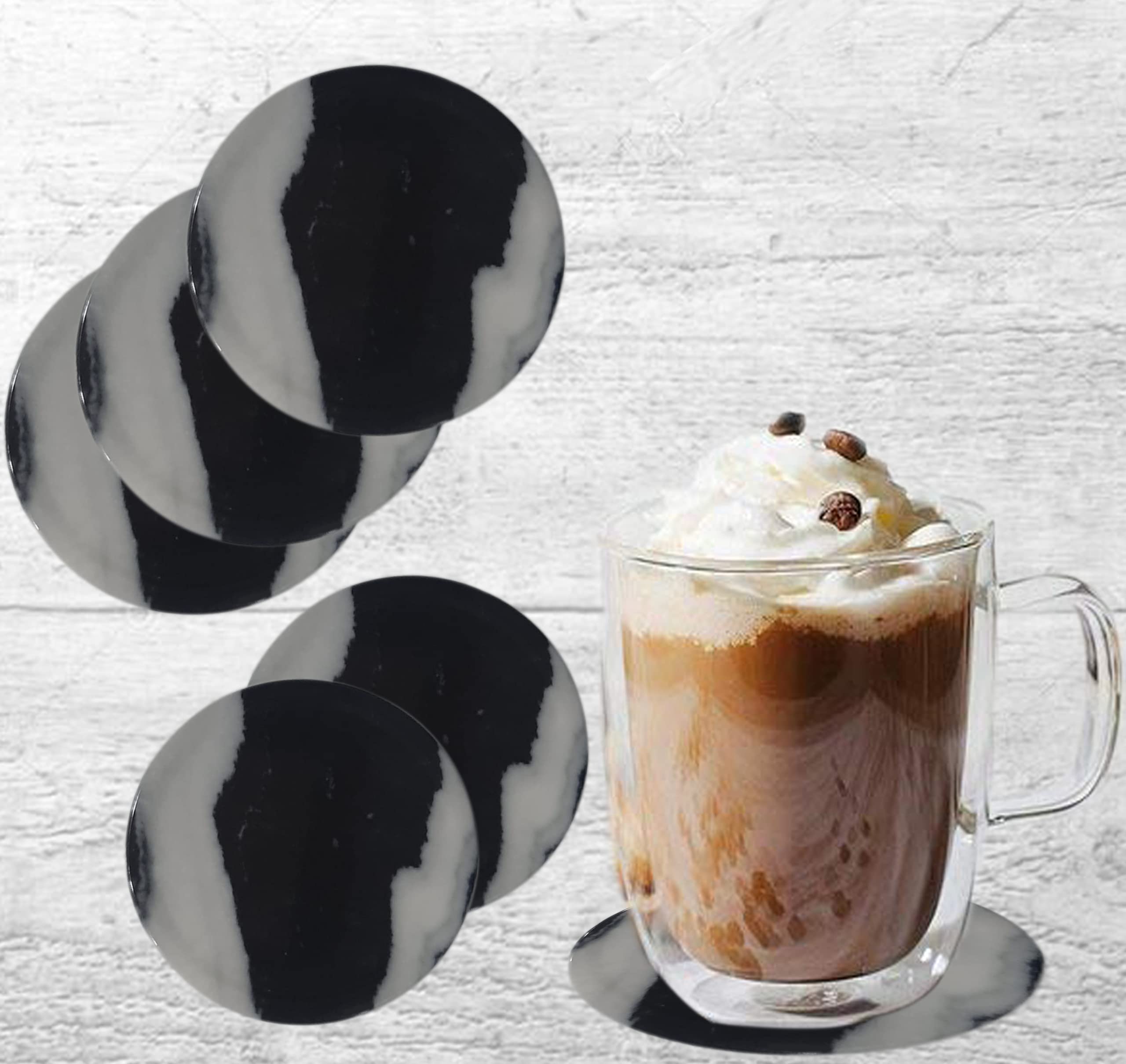 ZIDO 6 Piece Unbreakable Melamine Italian Black Marble Design Coaster Set with Coaster Holder for Tea Cups, Coffee Mugs, Beer cans, Water Glasses, Juice tumblers, etc