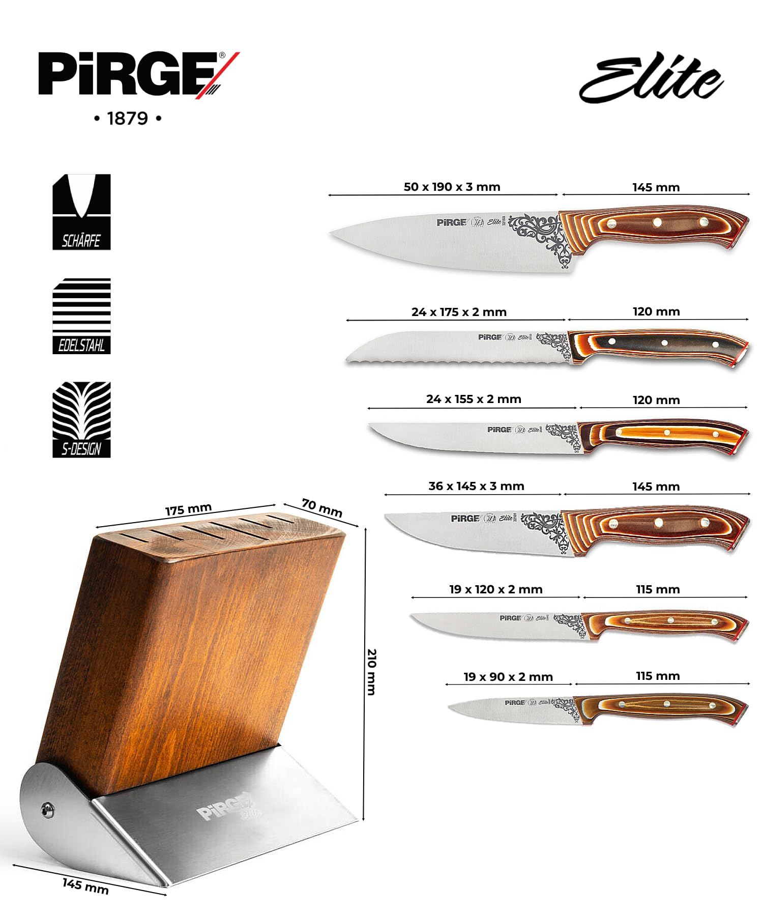 Pirge Elite - Juego de cuchillos de cocina con bloque de 7 piezas, acero inoxidable, madera compuesta, con bloque de madera de carpe, 56 HRC, acero inoxidable alemán con alto contenido de carbono, DIN