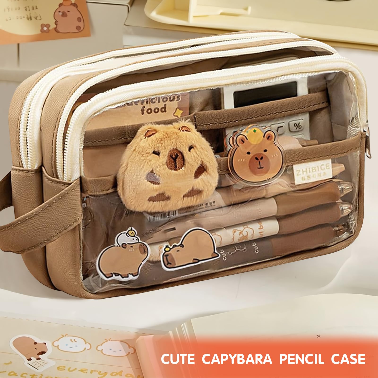 Trousse Capybara Ensemble Papeterie avec Stylo Autocollants Pins Porte-clés Blocs-Notes Grande Capacité Cadeau Fille Garçon