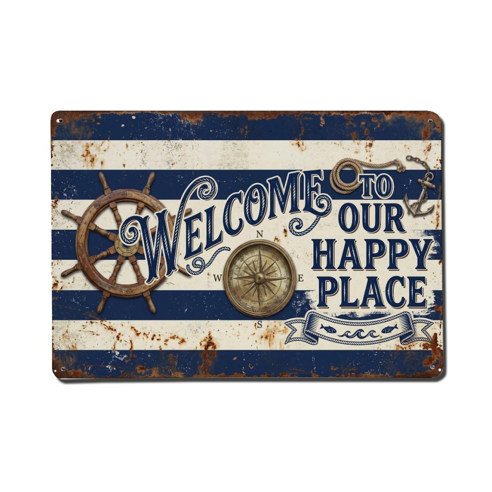 Welcome To Our Happy Place Nautical Harbor Metal Tin Sign Plaque Wall Decor for Cafe, Club Bar, Office, Home Garden Metal Poster 8x12Inch