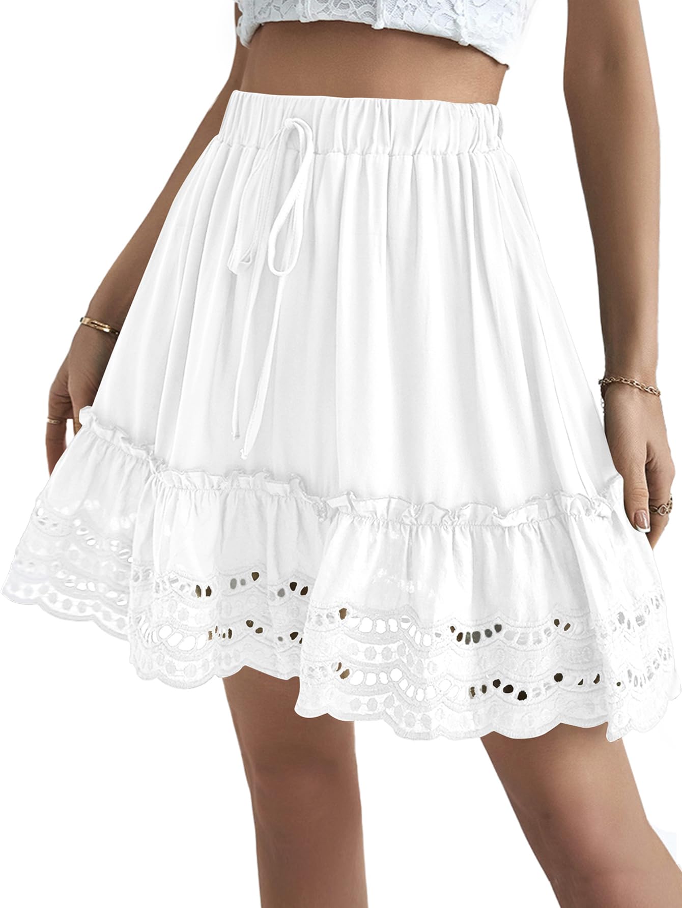 LYANER Womens Elastic Waist Self Tie Pullover Scallop Hem Pleated Casual Mini Skirt