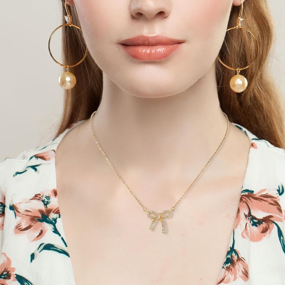 ネックレス・ペンダント +ENGBROX+ tweed heart ribbon necklace EBNL24021 Amazon.com: XIHIRCD Bow Necklace, Dainty Ribbon Bowknot