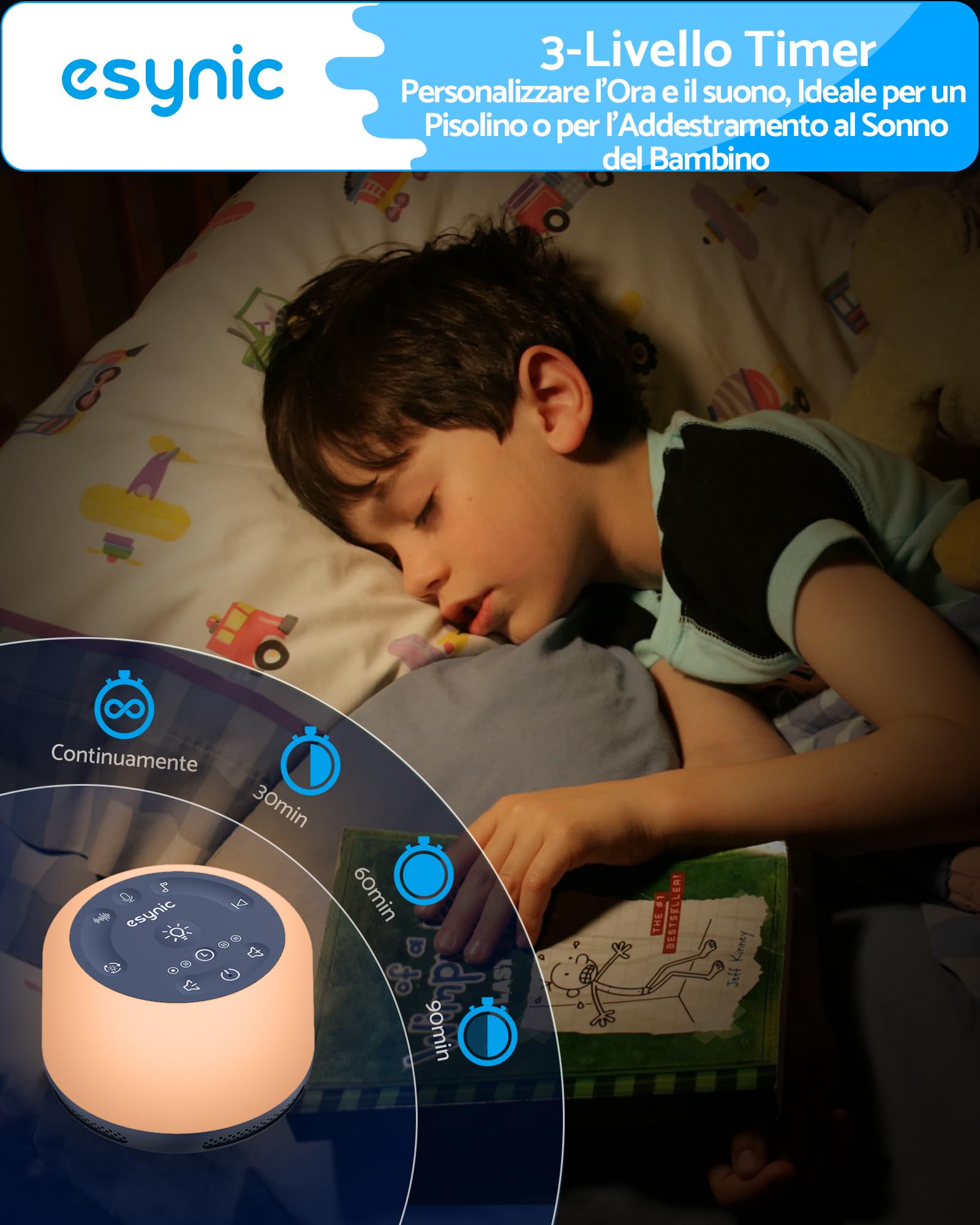 ESYNiC Rumore Bianco Neonato 30 Suoni con Luce Notturna 7 Colori Luminosità Regolabile Macchina Rumori Bianchi Ricaricabile Funzione Timer Memoria Registrazione Vocale per Bambini Adulti - Blu