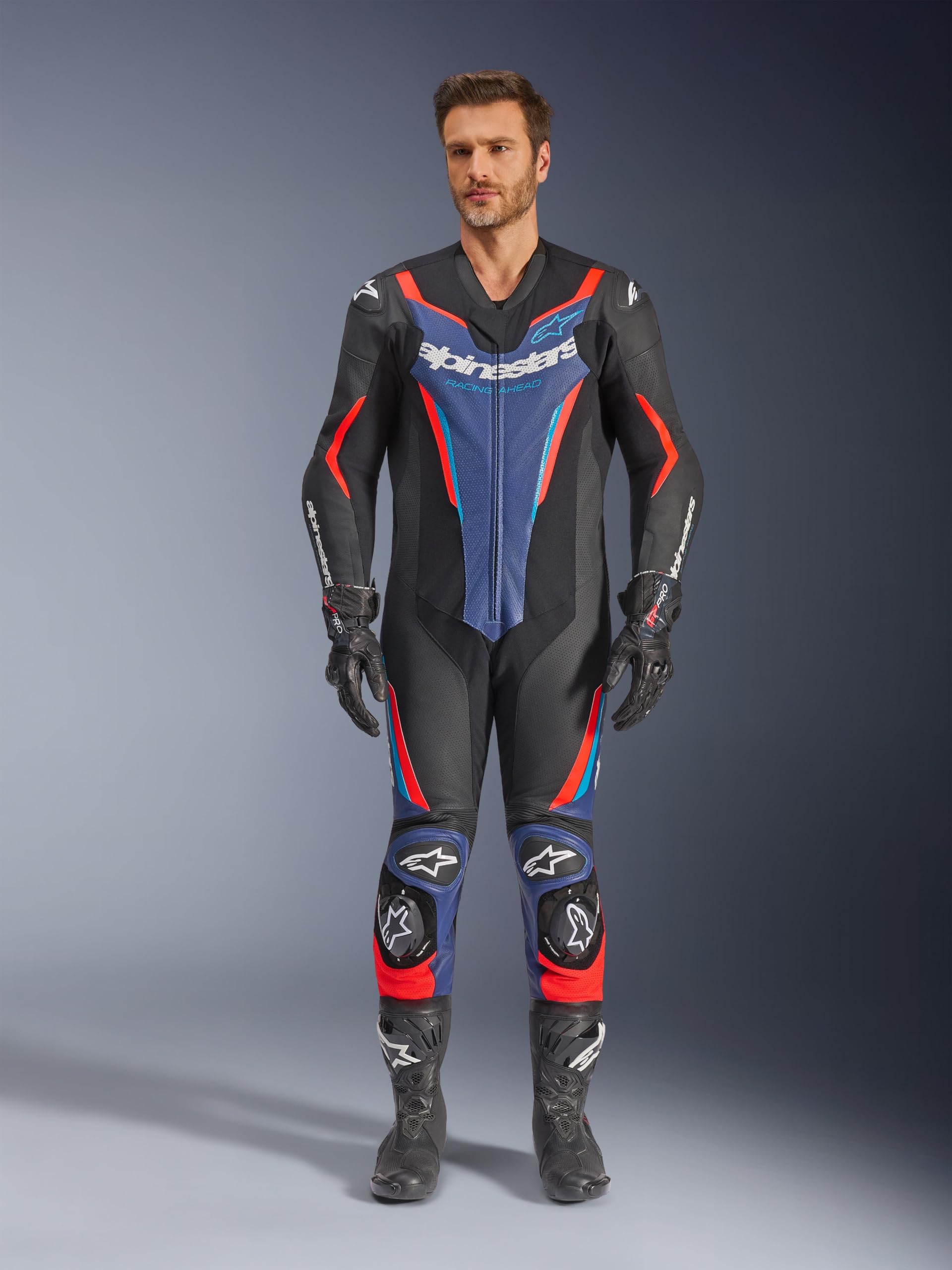 Alpinestars GP Force V2 Tuta in pelle da motociclista in un pezzo, nero/blu/rosso, 52