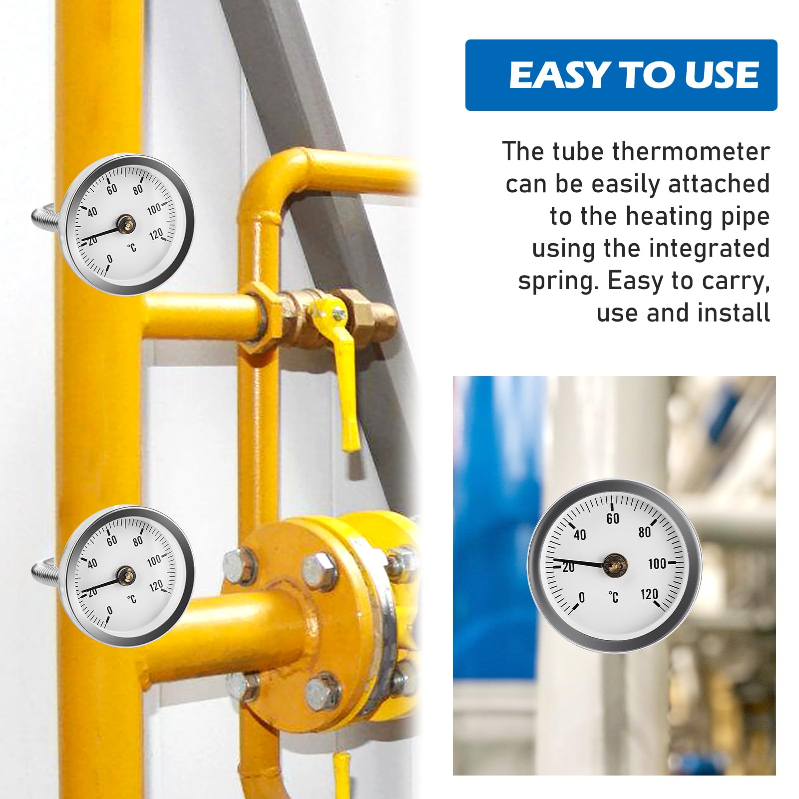 6 Stück Anlegethermometer, 63 mm 0-120 °C Anlegethermometer Heizungsrohr mit Clip-On Feder, Bimetall Anlegethermometer Thermometer, Kaminofen Rohr Thermometer für Heizanlagen und Kessel
