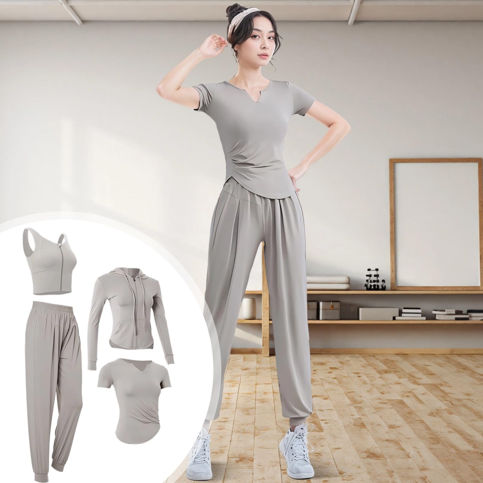 Conjunto de entrenamiento de manga larga para mujer, juego de 4 piezas XXL, tela transpirable y que absorbe el sudor, incluye chaqueta, parte superior, brasier deportivo, pantalones para yoga y