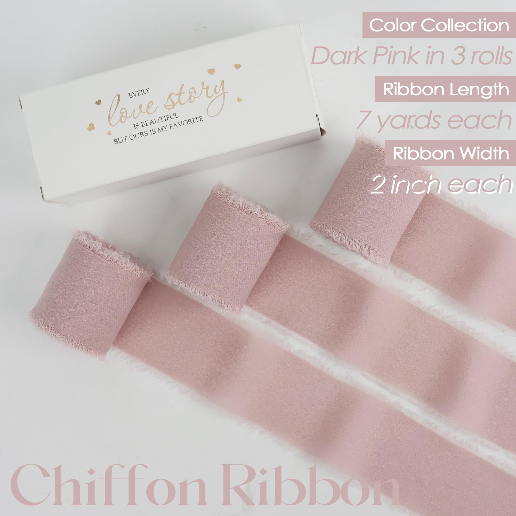 MEEDEE Pinkes Chiffonband, 5,1 cm, ausgefranstes Band, staubige Rose, Chiffon-Seidenband, dunkelrosa Band zum Basteln, Chiffonband für Geschenkverpackungen, Hochzeitseinladungen, Brautstrauß (3 Rollen