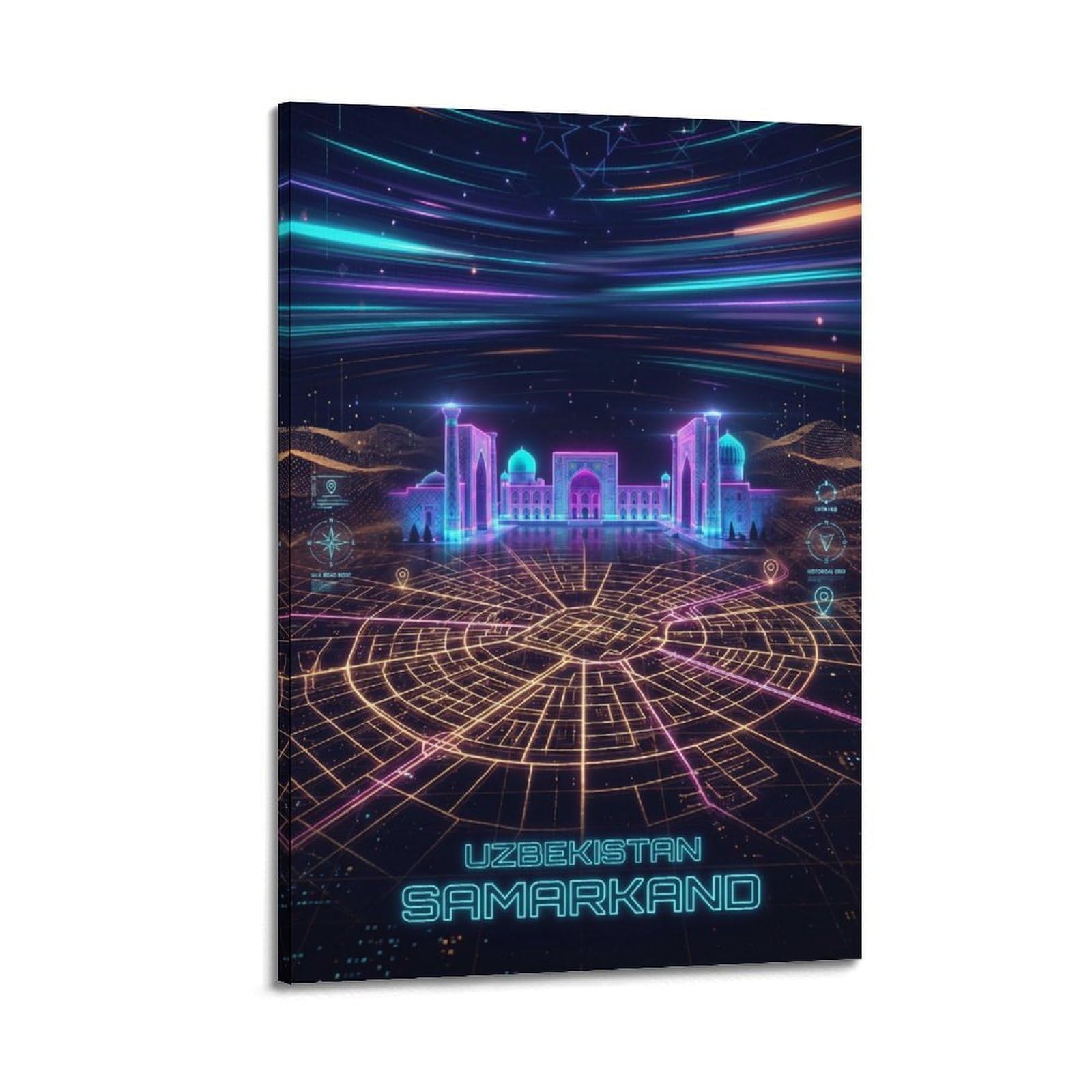 XKUGA Uzbekistan Registan Neon City Synthwave Map Poster Modern Decorative Canvas Prints - Ideal Wall Art for Family, Man Cave, Game Room, Boys & Girls Bedroom 24x36inch(60x90cm)