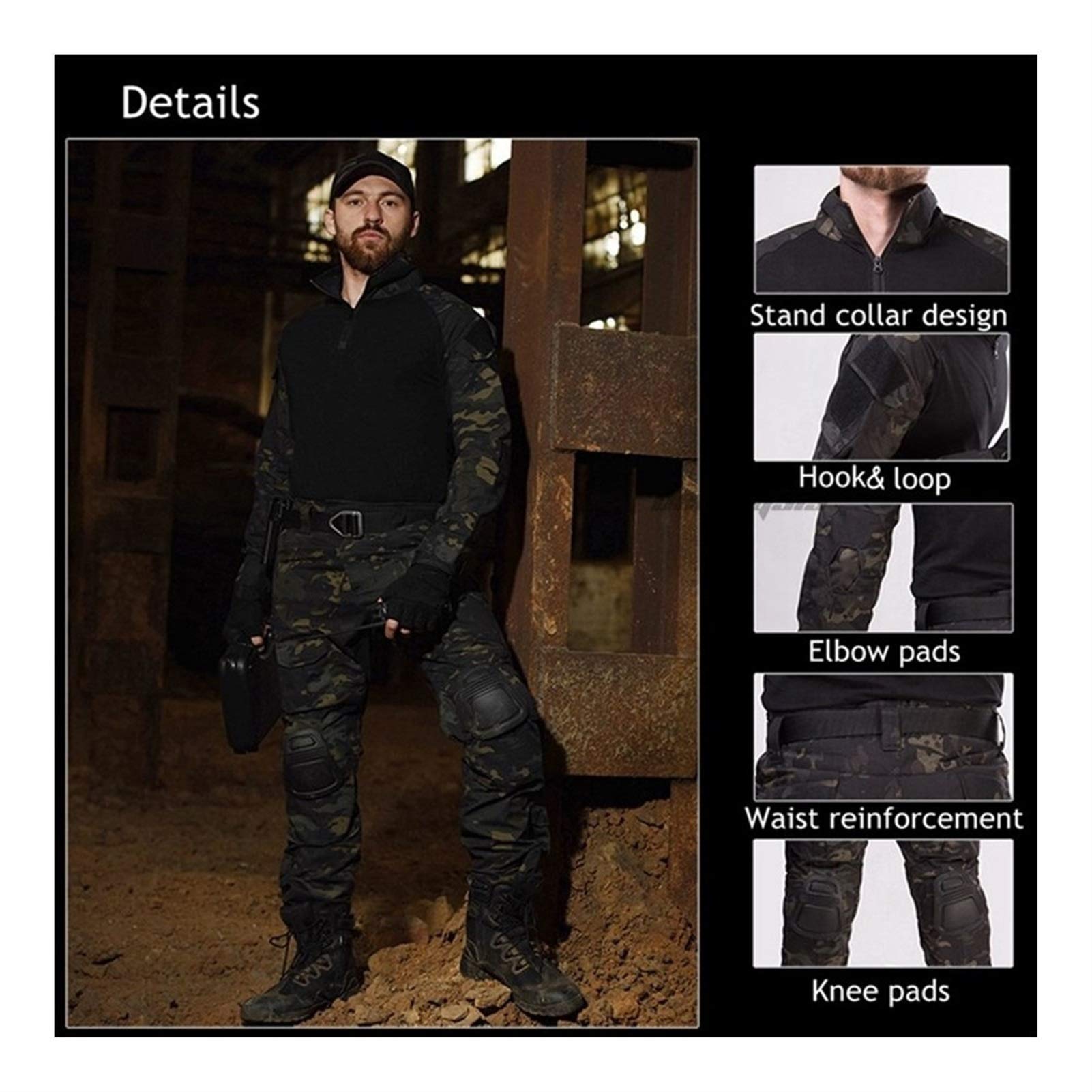 Tactique Militaire Costumes Uniformes Chasse Tir de Camouflage Chemises Pantalons coude Genou Pads CS Paintball Vêtements Set Waistcoat (Color : Atacs FG Pants, Size : S)