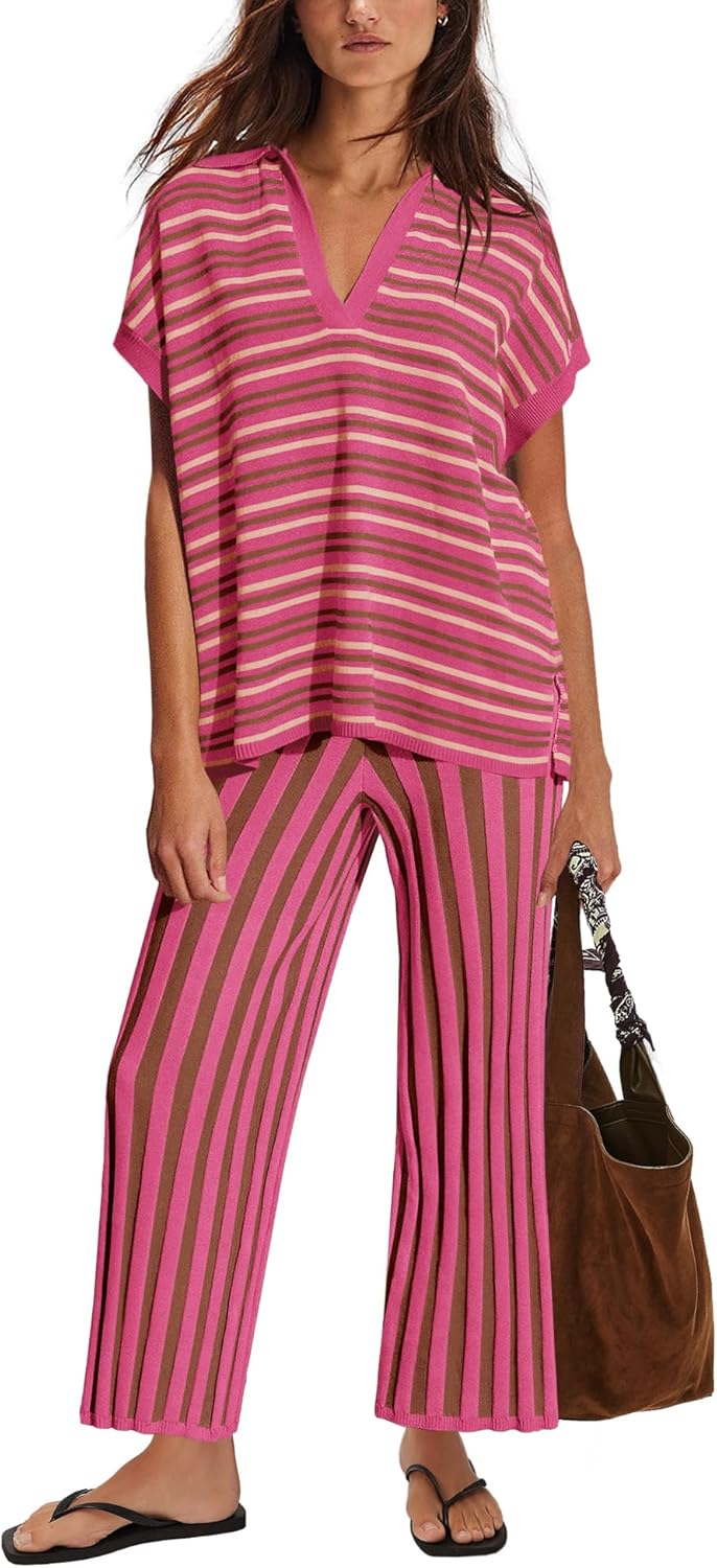 SENSERISE Womens Striped Lounge Set 2 Piece Outfits Summer Vacation Sets Short Sleeve Sweater Wide Leg Capri Pants