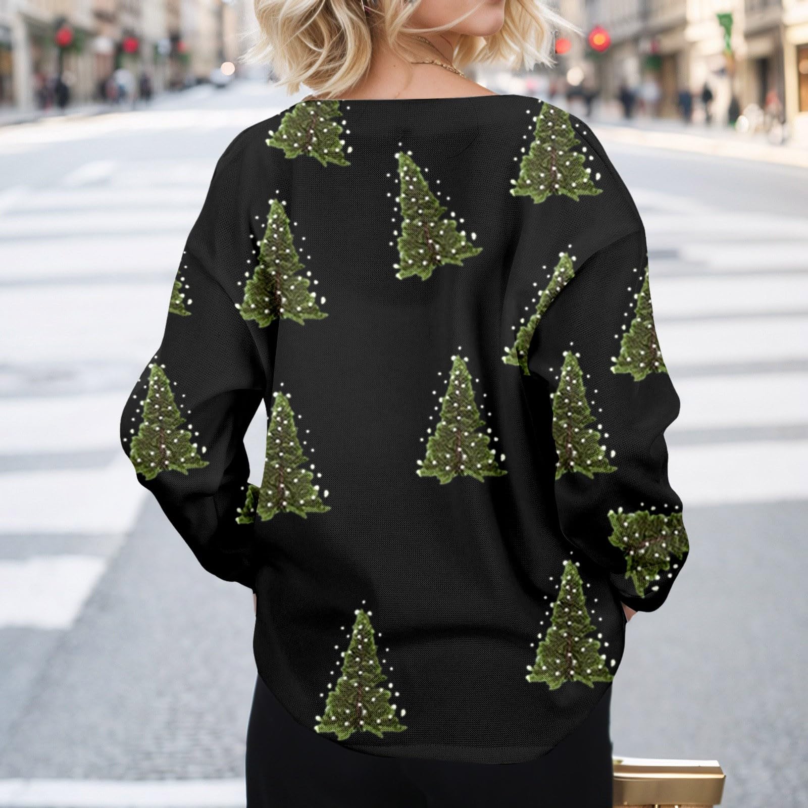 Generisch Regenjacke Fahrrad Damen Herbst Winter Weihnachtsbaum Druck Casual Rundhals Strickjacke Langarm Mantel Top