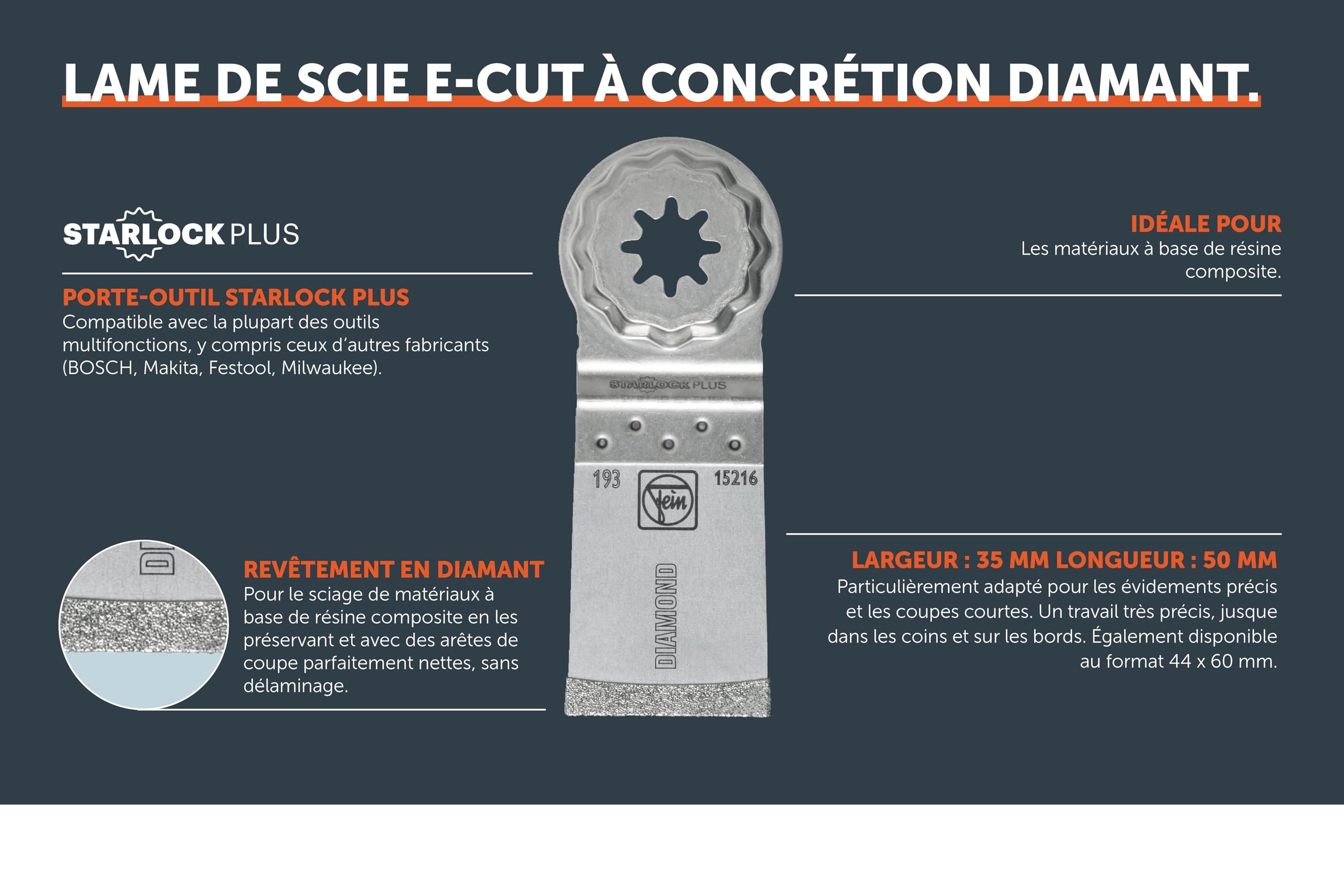 FEIN Lame de coupe E-Cut diamantée, 1 pce, L 35 mm, L 50 mm, StarlockPlus, pour couper la fibre de carbone et la fibre de verre, coupes précises et coupes courtes, idéal pour les coins et les bords.