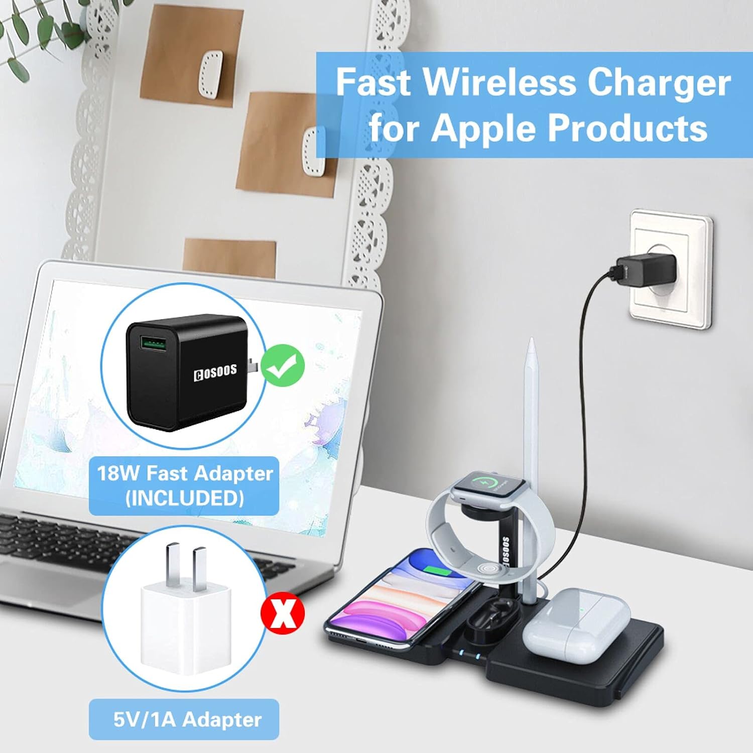 Dual Wireless Charging Station,COSOOS Wireless Charger Compatible with iPhone 11 Pro Max/11Pro/Xs/Xr/10/X/8 Plus,Airpods 3/Pro/2/1, Apple Products with Watch Stand