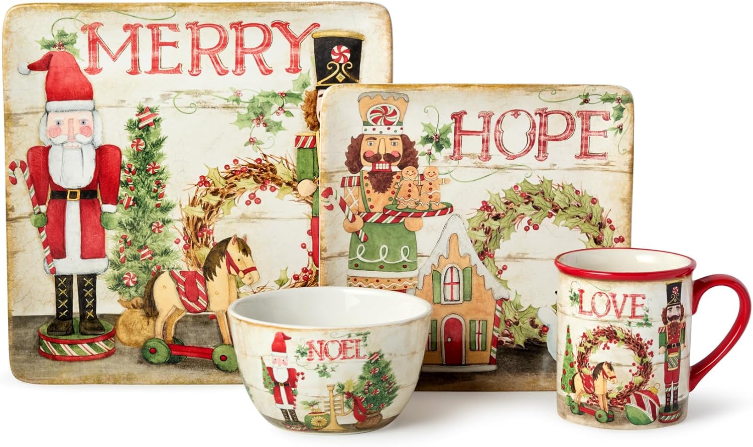 Nutcracker Parade Christmas 16 pc Dinnerware Set, Service for 4 – Vintage Holiday Plates, Mugs & Bowls – Santa, Nutcracker, Reindeer Art – Festive Tableware Service for 4