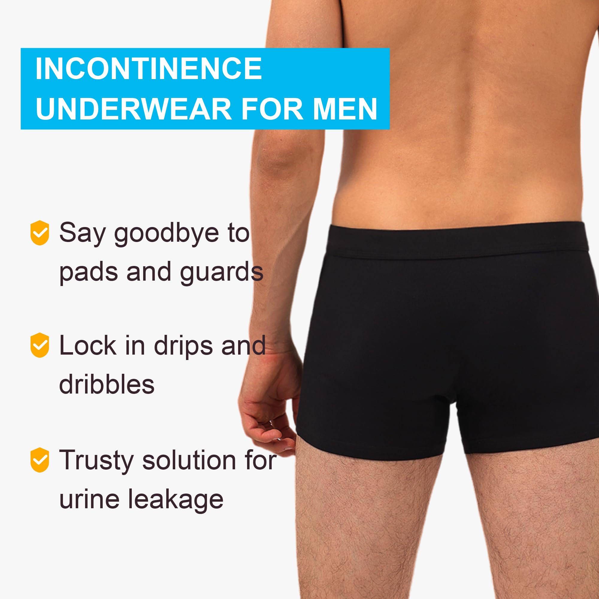 Ropa interior para incontinencia urinaria para hombre, lavable, control de vejiga, con absorción de 60 ml, a prueba de fugas, paquete de 3 (negro, L)