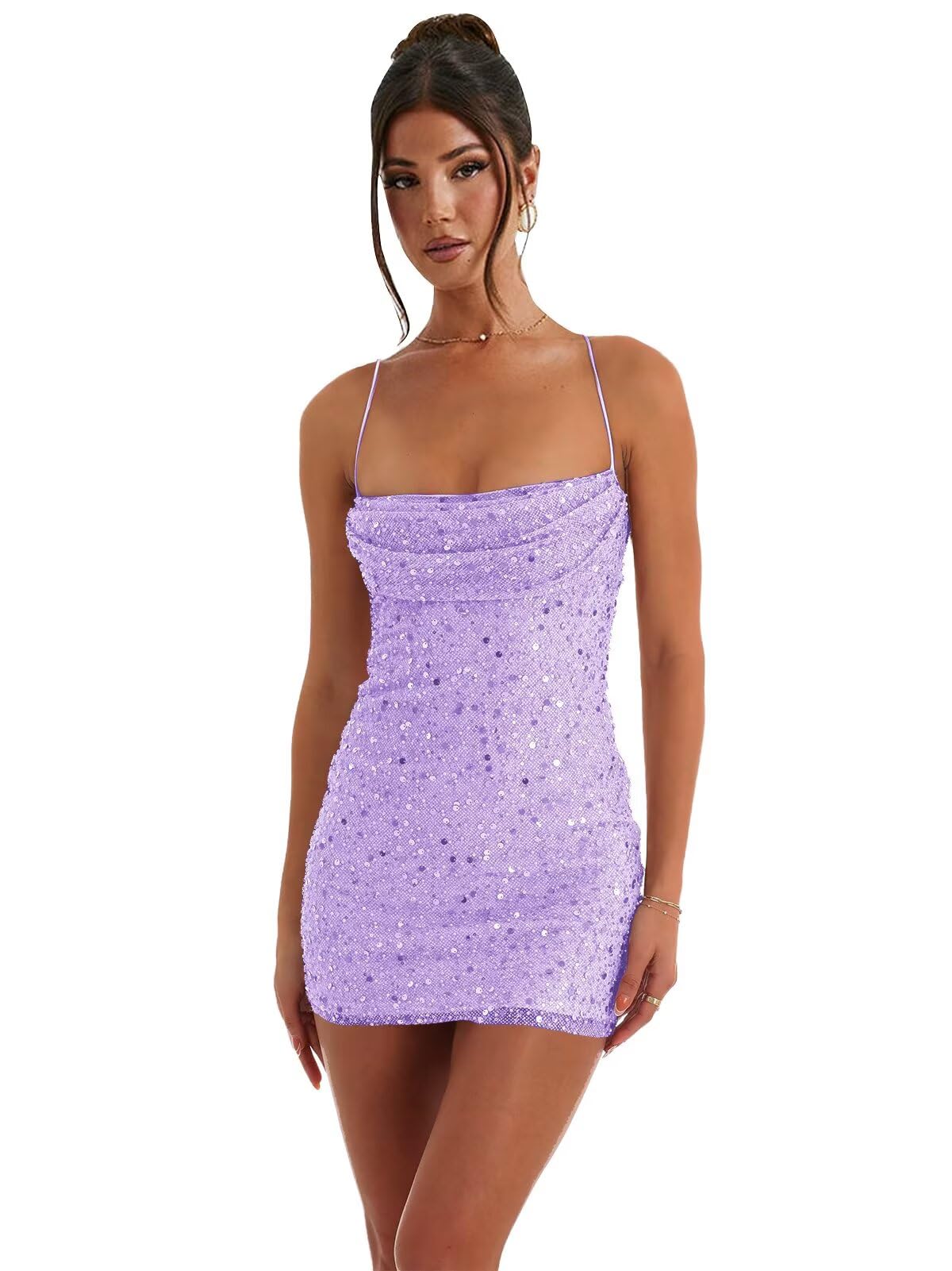 Qgeno 2025 Sequin Beaded Homecoming Dresses for Teens Mini HOCO Tight Cowl Neck Backless Short Cocktail Party Gowns