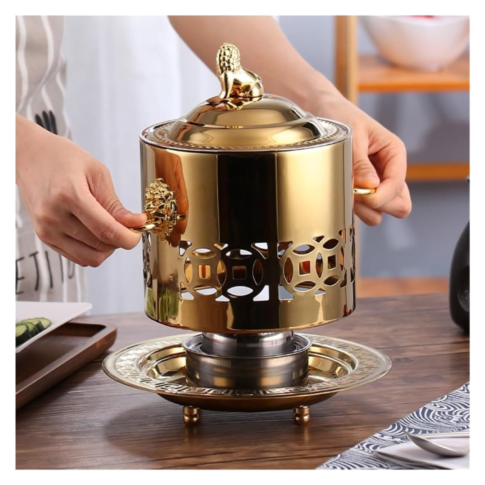 Gorący garnek z chińskiej miedzi, chiński hotpot z węglem drzewnym, chiński hotpot ze stali nierdzewnej komercyjny gorący garnek do domu miedziany gorący garnek, srebrny, 23,5 * 25 cm