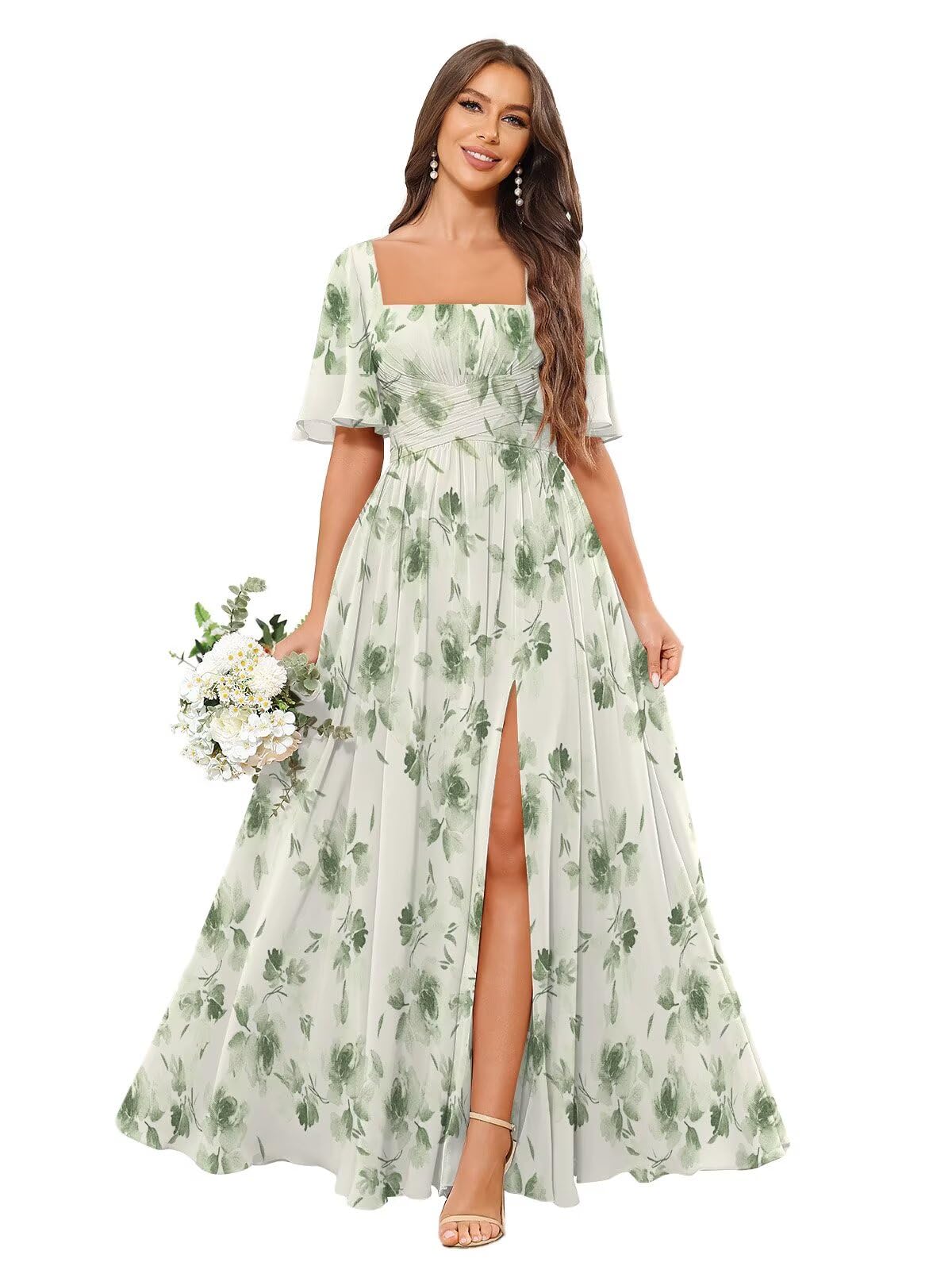 Square Neck Bridesmaid Dresses with Slit Chiffon Flutter Sleeve Long Formal Wedding Guest Dress with Pockets