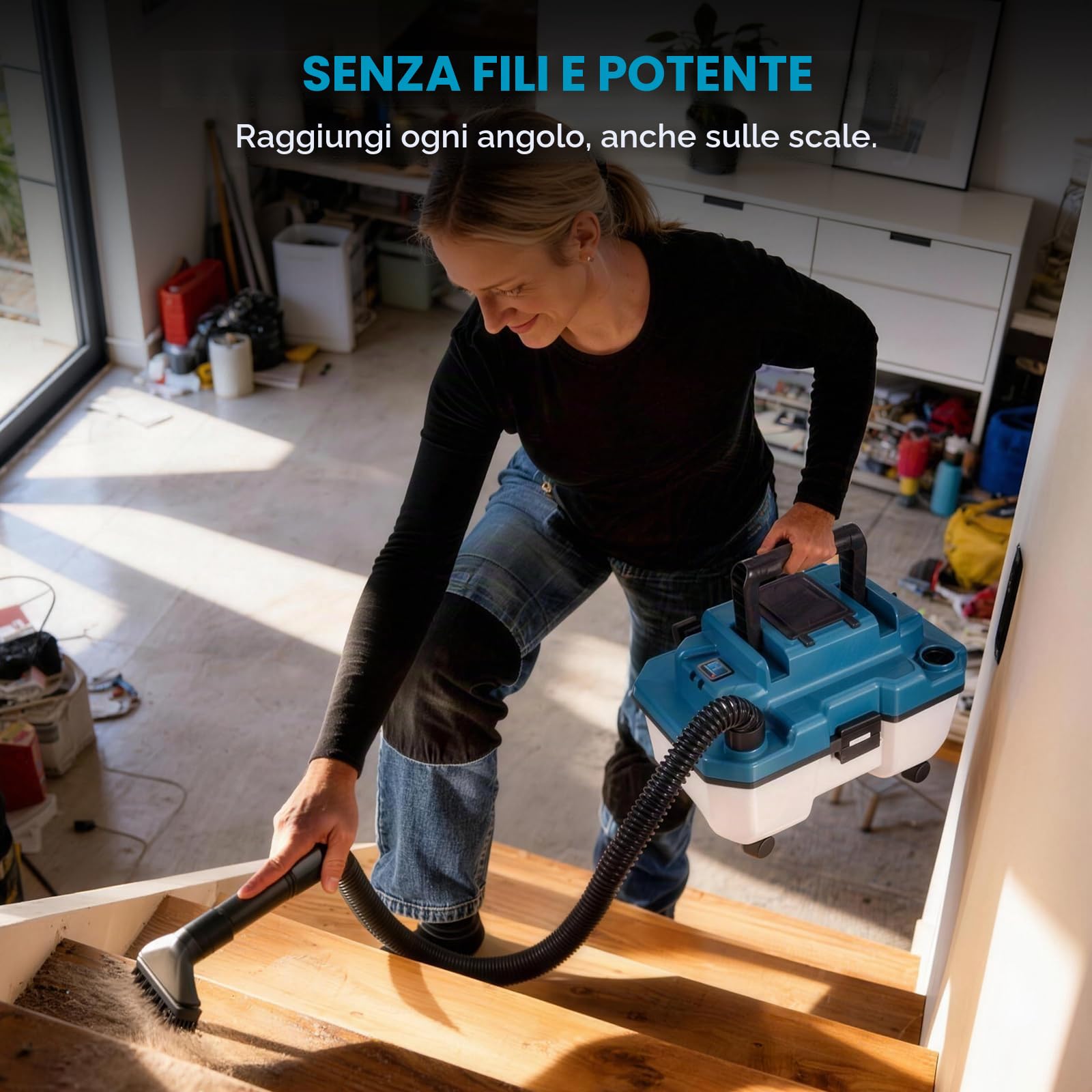 ONEVAN Aspirapolvere Industriale a Batteria 2-in-1 10L Bidone con 2x3,0Ah | 300W Brushless, 22KPa Aspirazione, 3 tubi prolunga & ugelli, 2m tubo, Carica rapida, Per trucioli legno, officina, auto