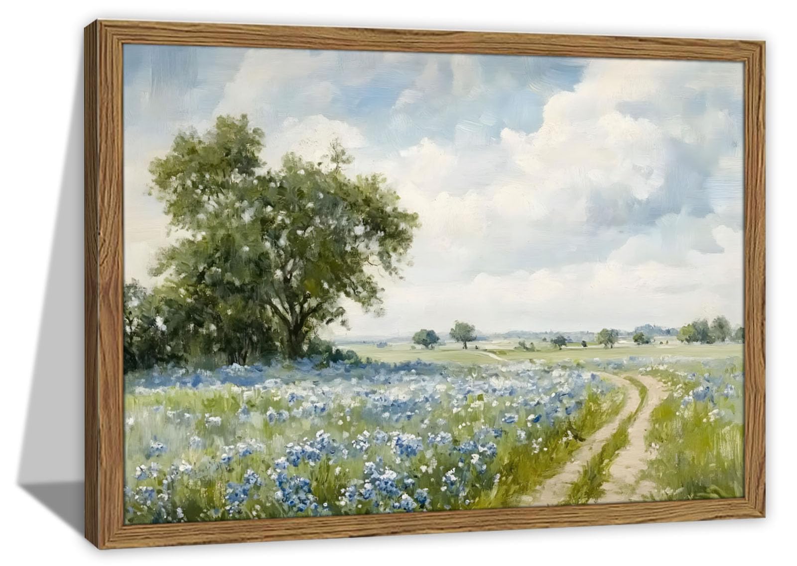 Framed Vintage Wildflower Landscape Wall Art, Country Meadow Pictures Wall Decor Painting, Blue Floral Field Path Canvas Prints, Rustic Nature Home Decor for Living Room Bedroom Office 30x40 cm