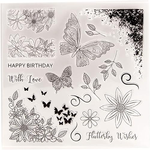 Arbuya Sellos transparentes de mariposa para hacer tarjetas y diarios, flores, esquinas, hojas, sellos de goma para manualidades, álbumes de