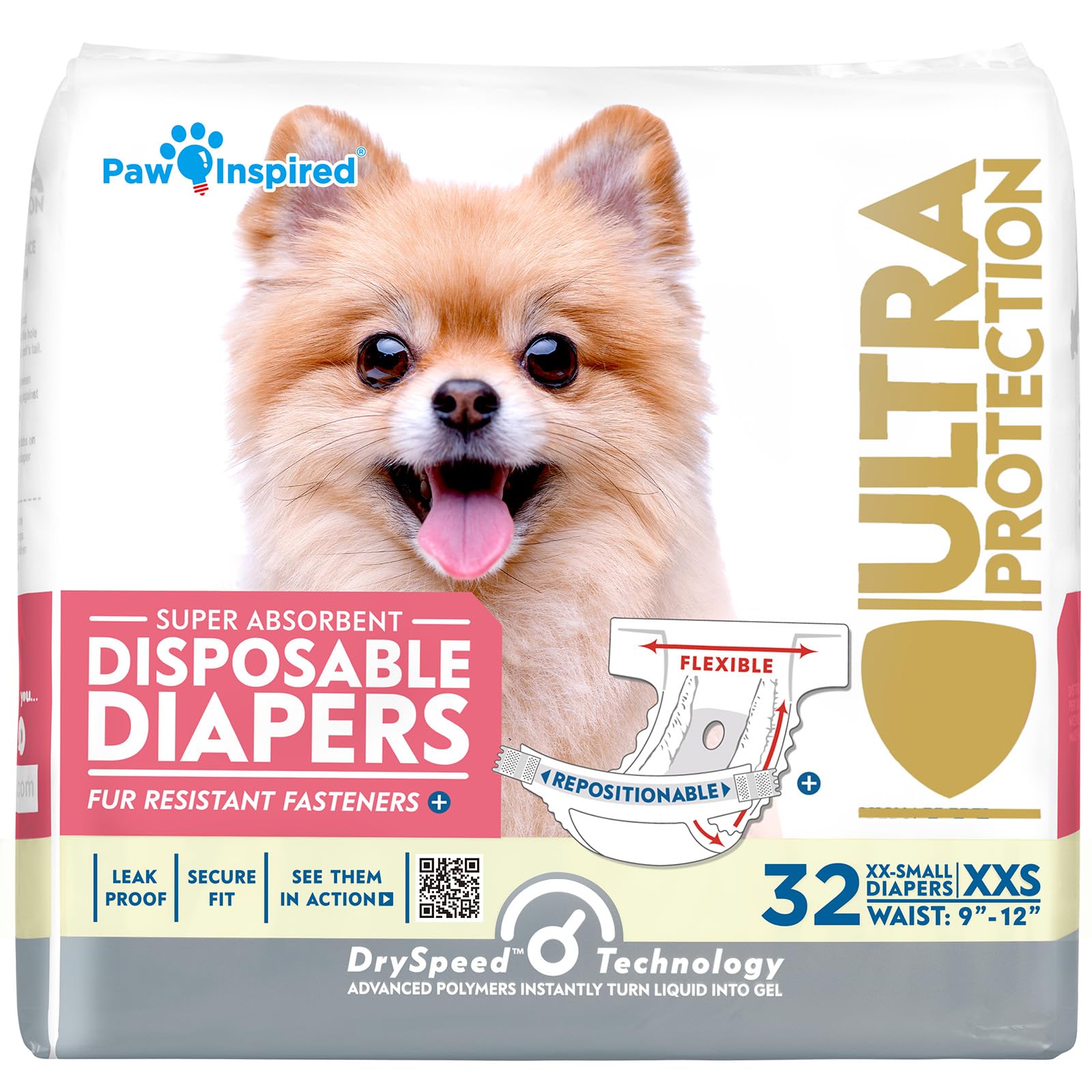 Paw Inspired Disposable Female Dog Diapers, XXS Size, 32 Count