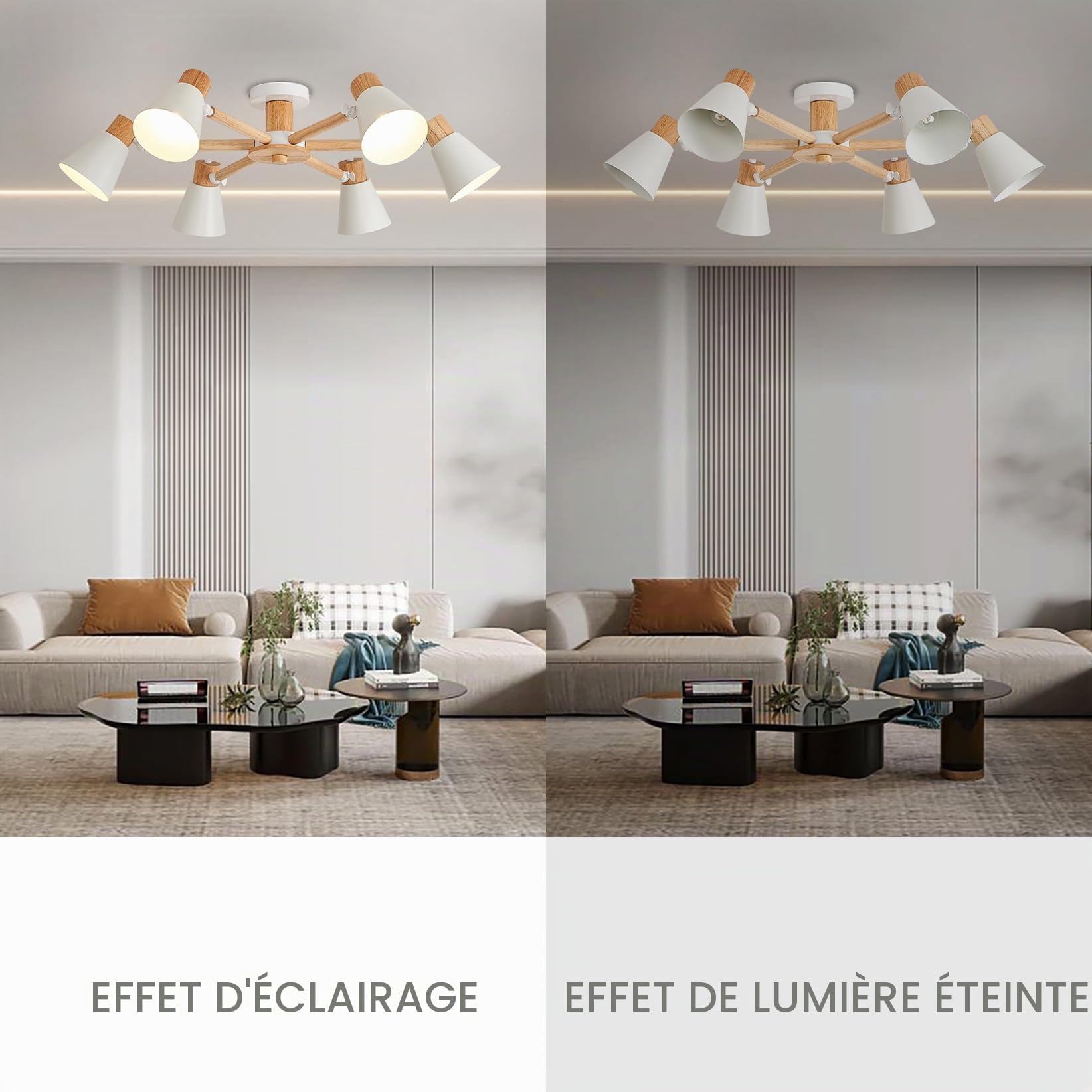 YOODI Plafonnier Moderne, 6-Lumières Lampe Plafond, Suspension, Blanc Lustre en Métal et Bois Massif E27 Base Max 40W Lampe de Plafond pour Salon, Chambre, Cuisine (Ampoule non incluse)