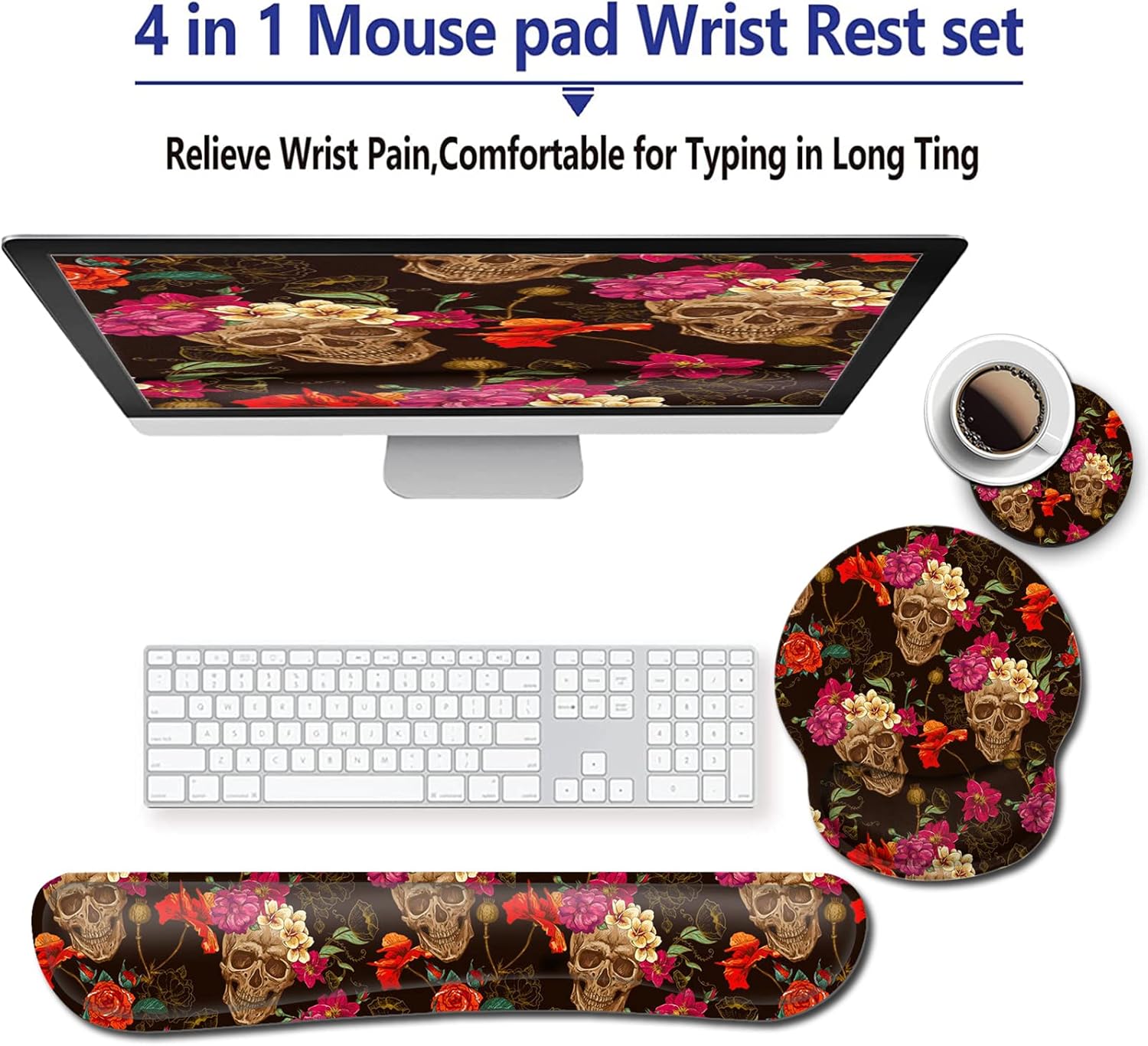 Gel Mouse Pad Wrist Support and Memory Foam Keyboard Wrist Rest in Office Accessories Set for Office, Computer, Laptop,Comfortable, Lightweight for Easy Typing Pain Relief,Rose Flower Skull Desk pad