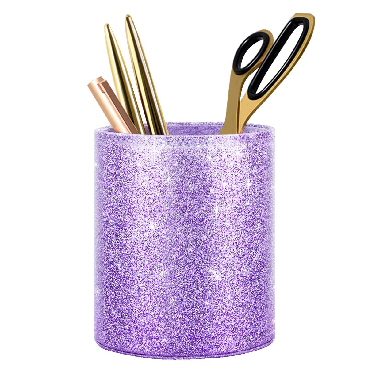 WAVEYU Pen Holder for Women Girls, Pencil Cup Desk Glitter Sturdy Makeup Brush Holder Large Pu Leather Luxury Multi-Functional Organizer Cup for