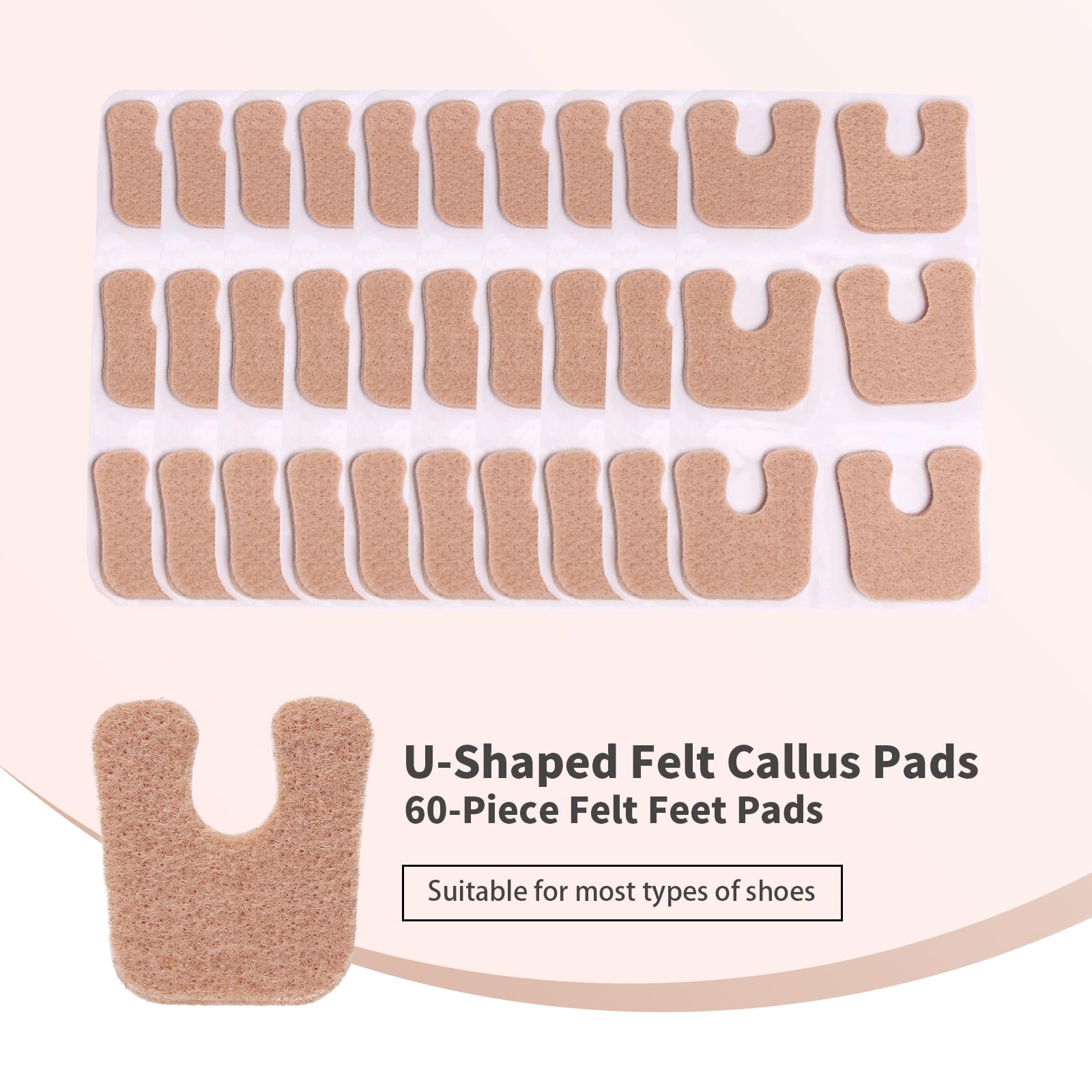MoyRetty 60 almohadillas de fieltro en forma de U, almohadillas metatarsianas autoadhesivas que protegen los callos de roces en los zapatos, reducen el dolor de pies y talones