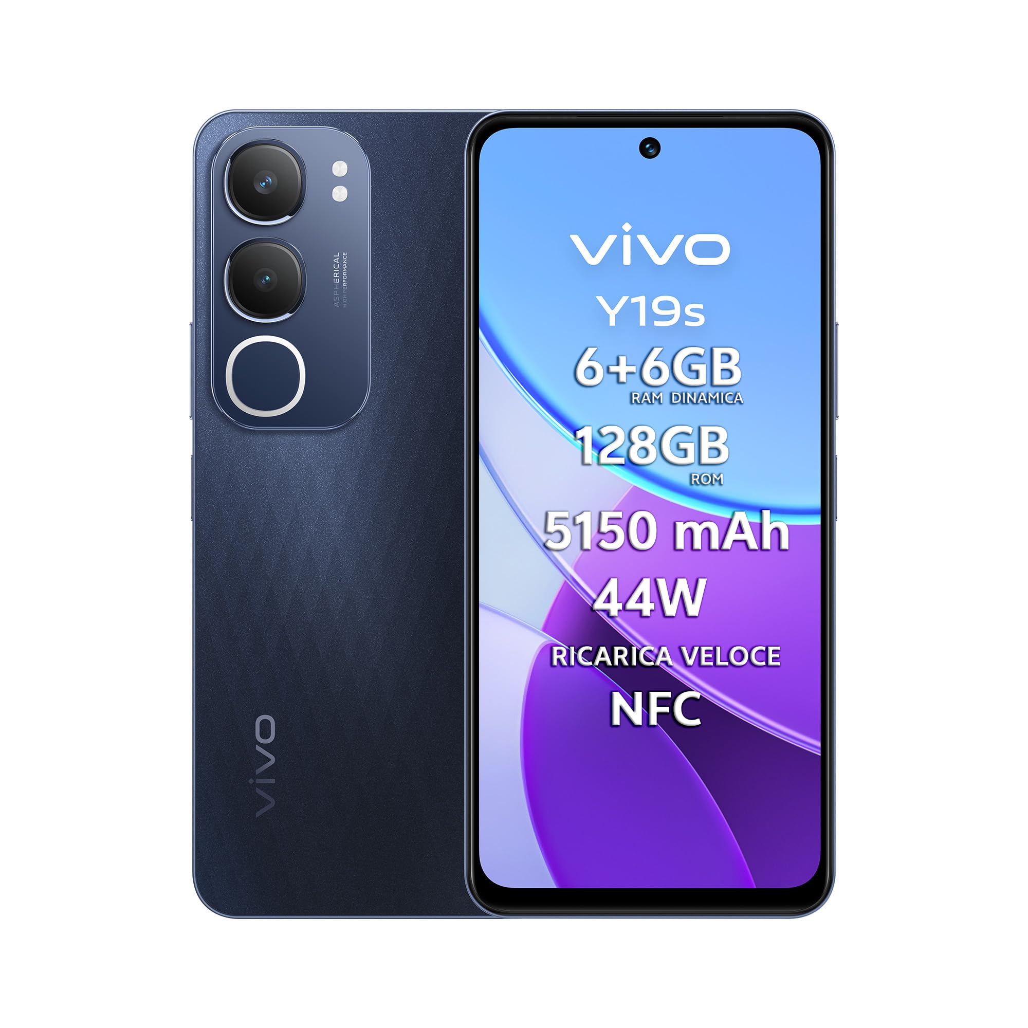 vivo Y19s Smartphone 4G, 6+6 GB RAM+128 GB, Fotocamera AI 50MP, Batteria 5150 mAh, Ricarica Veloce 44W, Android 14, Display 6.68” 90Hz 1000 Nits, Audio 300% Stereo, UltraSottile 8.1mm, Anti-Caduta