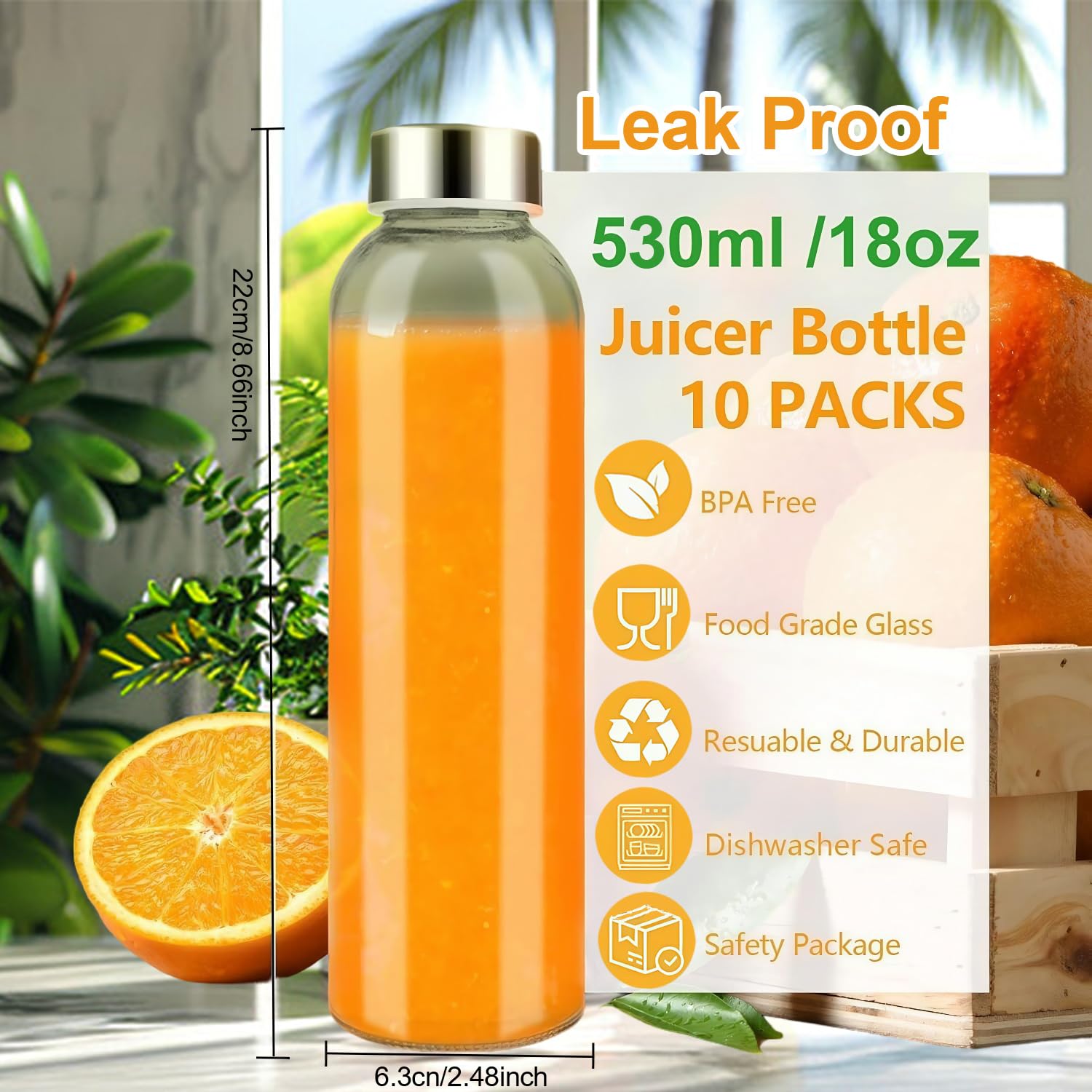 10 bottiglie di vetro con coperchio, 530 ml, riutilizzabili, per succhi di frutta, bottiglie d'acqua in vetro trasparente, a prova di perdite, con tappo ermetico in acciaio inox per
