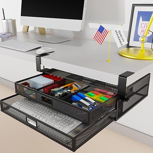 SRJZMLY Organizador de cajones para debajo del escritorio, de metal, sin taladro, contenedor de almacenamiento para debajo del escritorio, 2 cajones