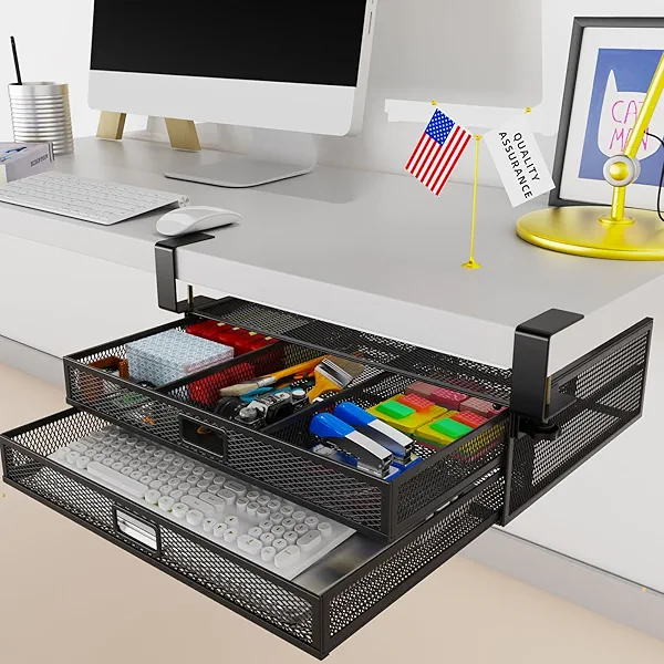 SEYHAKI Under Desk Drawer Organizer No Drilling Under Desk Storage Drawer Organizer Metal Under Desk Slide Out Drawer Suitable for Home and Office(Large)