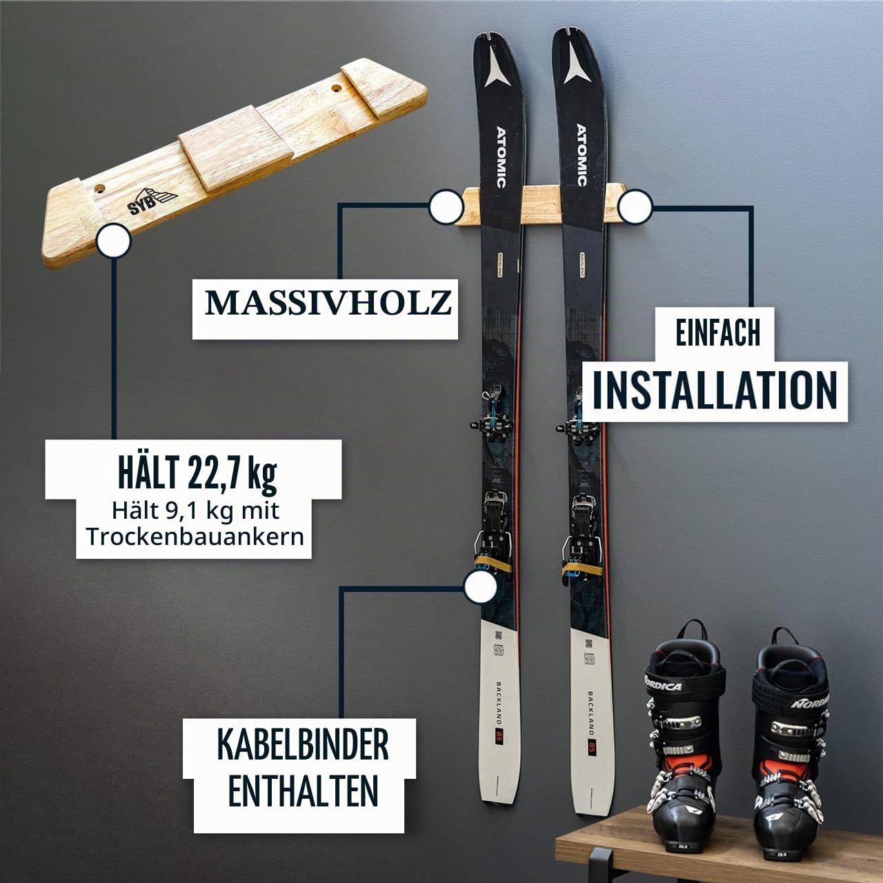 StoreYourBoard Minimalistischer Skiträger aus Holz, Wandhalterung, Massivholz, hält 22,7 kg