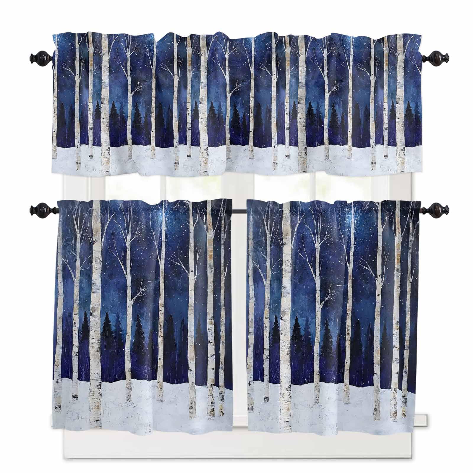 Yomandocix Kitchen Curtains and Valances Set, Blue Forest Rod Pocket Curtains Tier Farmhouse Window Treatment 24 Inch Length, Vintage Night Trees Trunk Branch 3 Piece Kitchen Curtain Set
