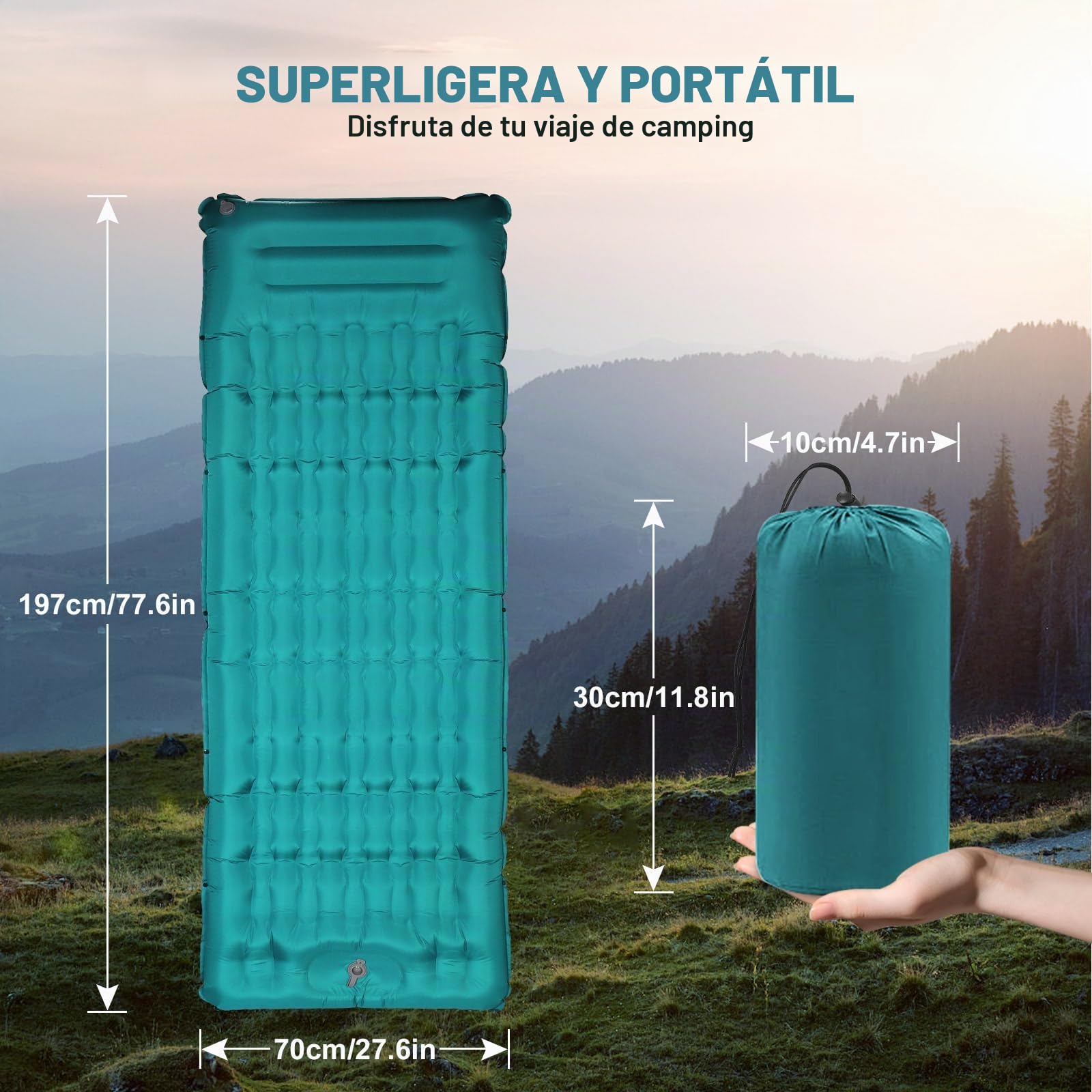 Colchoneta De Camping Inflable Autoinflable: Extra Gruesa 12 Cm Termo Colchón Inflable Con Almohada Plegable Colchoneta Autoinflable Con Bomba De Pie, Para Tienda Trekking Playa (Azul Pavo Real)