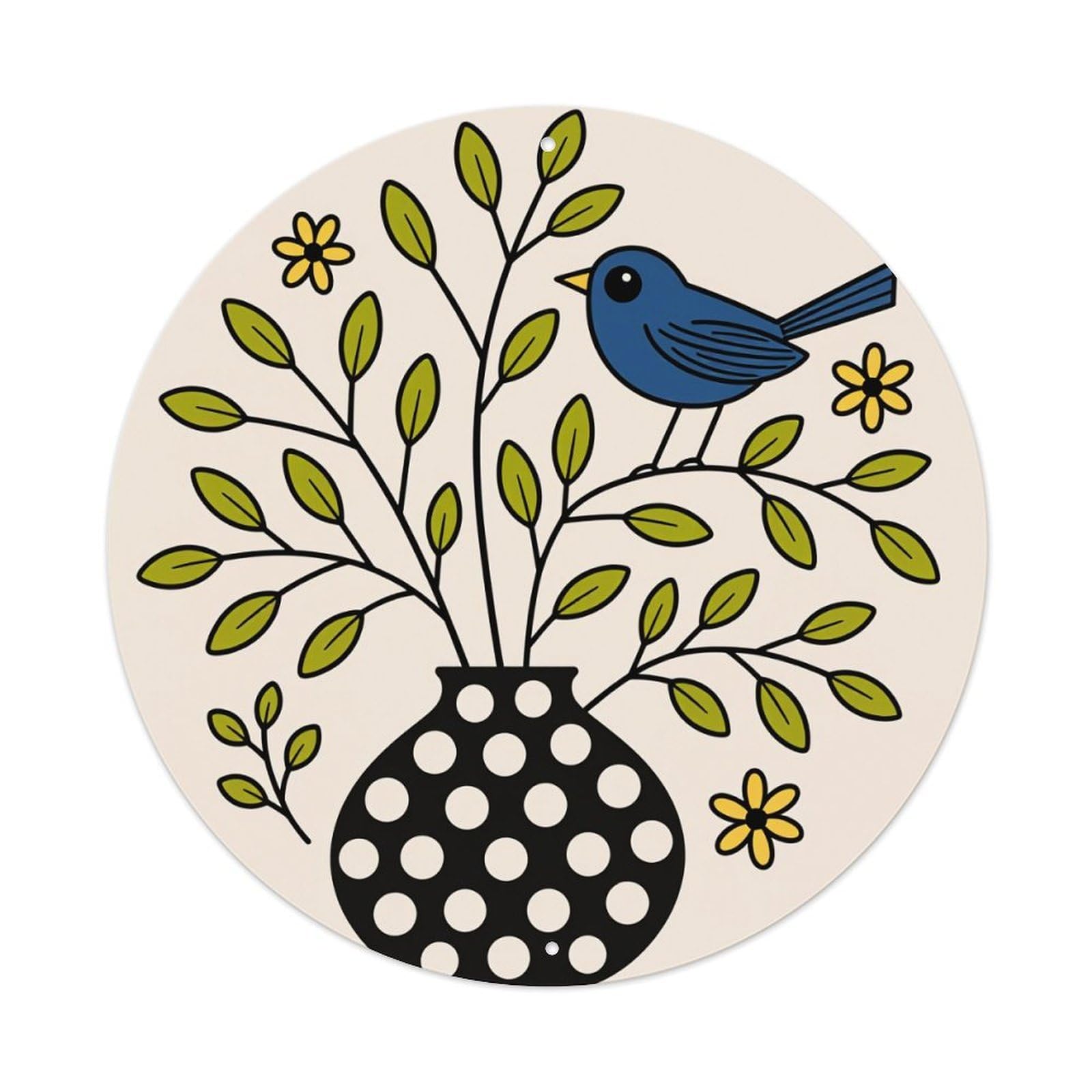 Blue Bird On Polka Dot Vase With Green Leaves And Yellow Flowers Round Vintage Tin Sign,Retro Wall Art,Metal Poster for Home, Bar, Garage, Cafe, Rustic Indoor & Outdoor Decor, 8x8 Inches