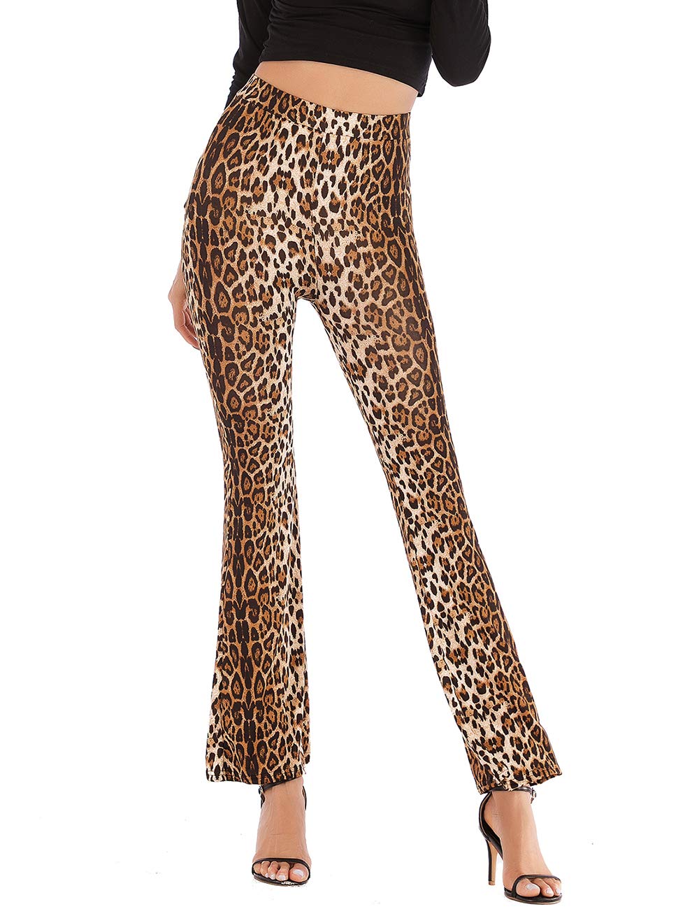 Womens Sexy High Waisted Leopard Flared Long Pants Animal Printed Skinny Pull On Wide Leg Palazzo Pants