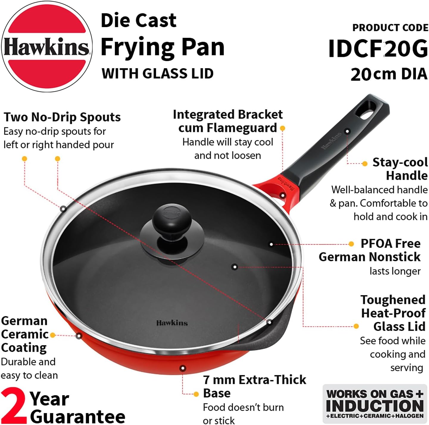 HAWKINS 22 cm Frying Pan, Die Cast Non Stick Fry Pan with Glass Lid, Ceramic Coated Pan, Induction Frying Pan, Small Frying Pan, Red (IDCF22G)
