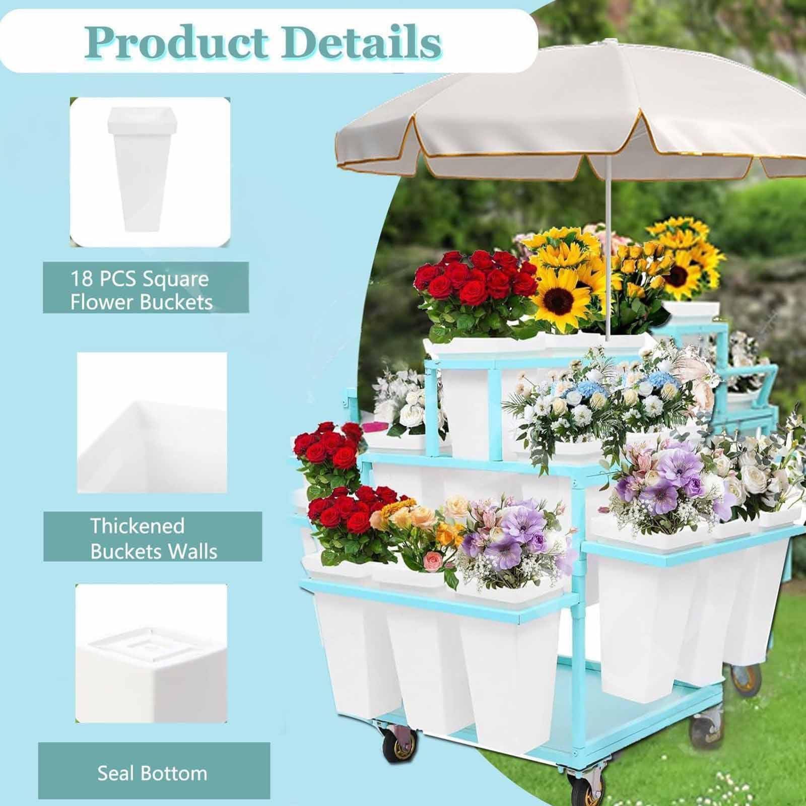 Este Soporte metálico para exhibición de Flores al Aire Libre con Soporte para Flores con 18 Cubos, Carrito de exhibición de Flores con Ruedas, Carrito de Flores para floristería, Patio y ja