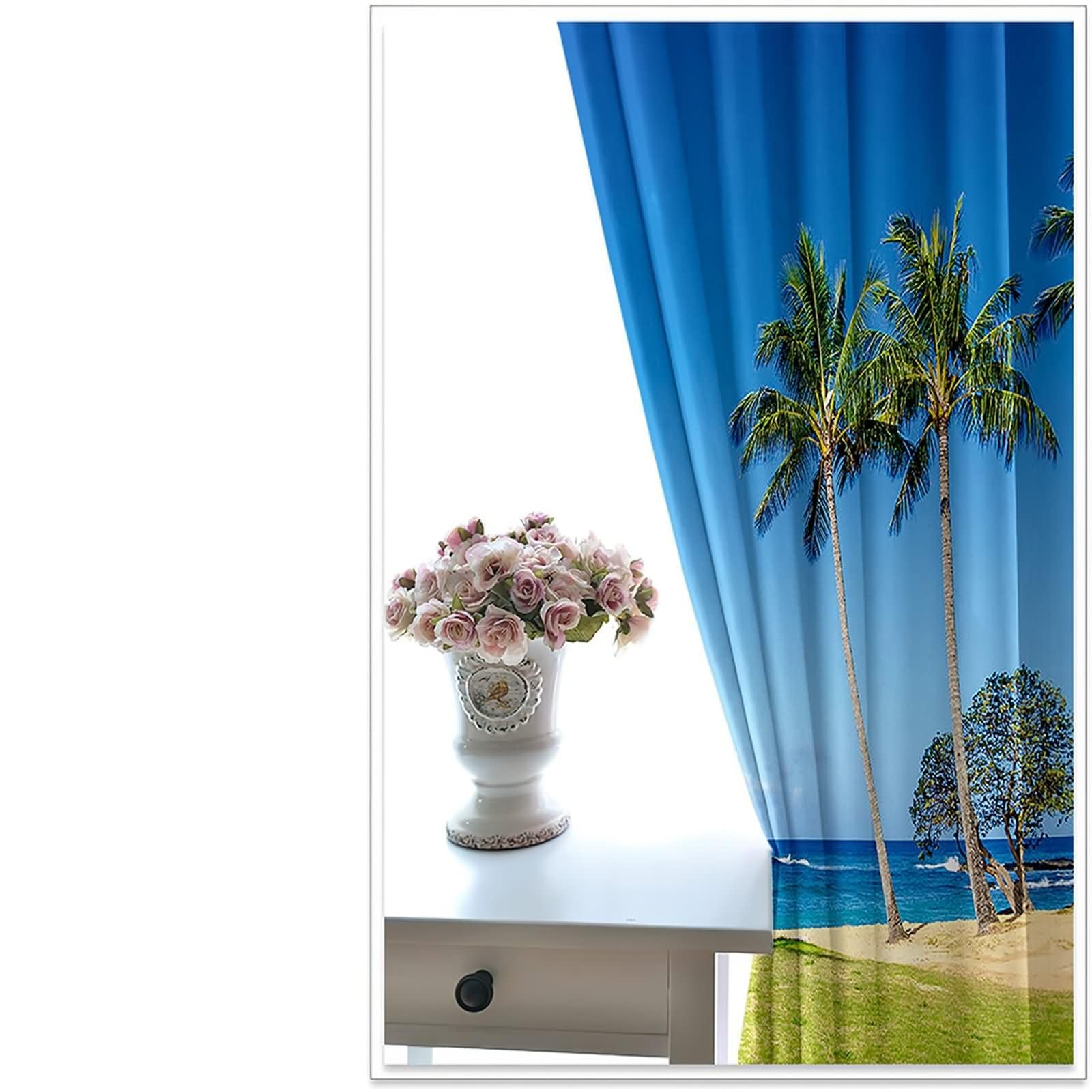 Tende Soggiorno Occhielli,2 x 86W x 160H CM,Tenda Stanzetta Oscurante 2 Pannelli Paesaggio di Palma Spiaggia Tenda Blu Verde da Cucina