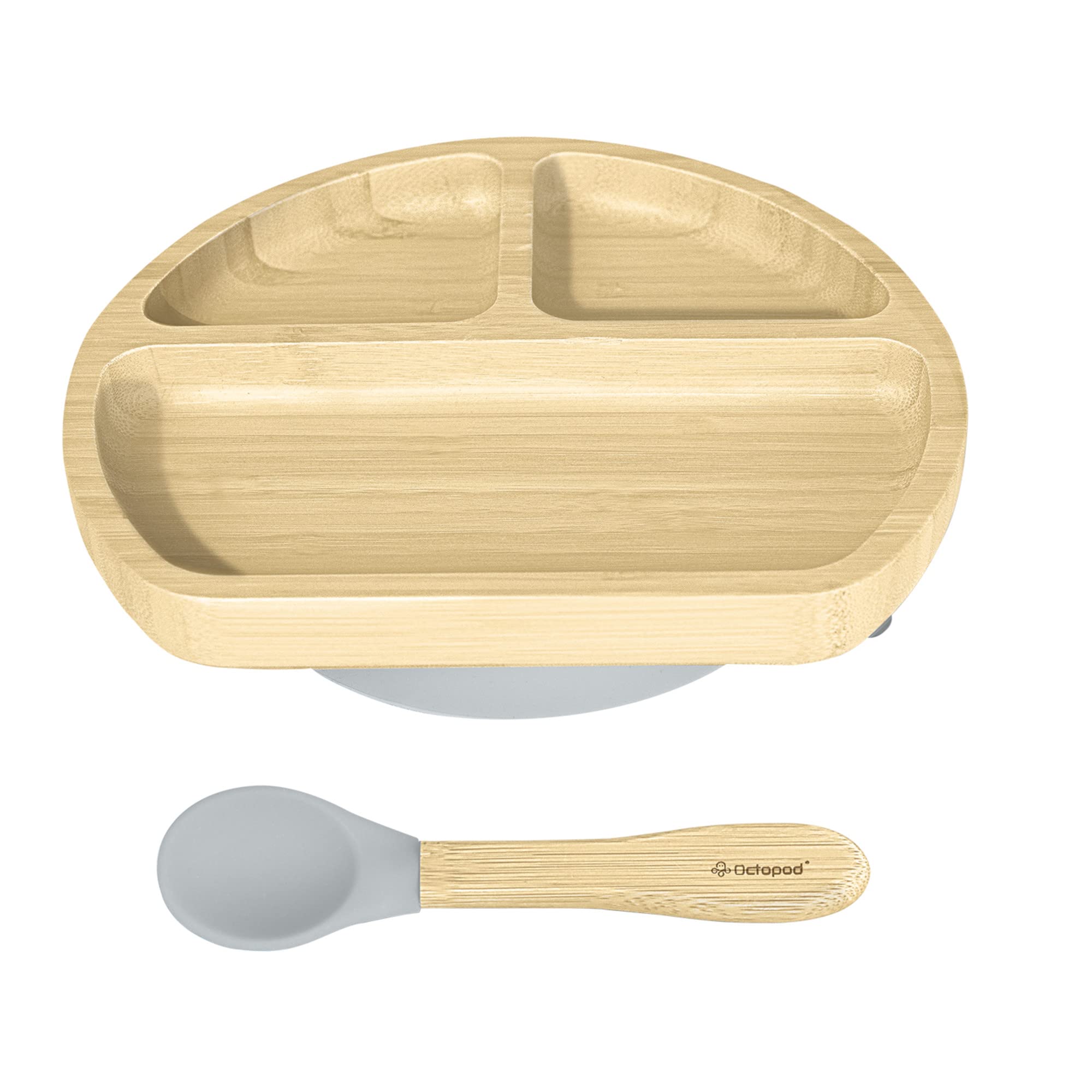 Abiie Octopod Bamboo Dish - Kids Plates for 4 months and up, 3-Compartment Baby Plates with Suction, Triangle Bamboo Baby Plate, Mess-Free Toddler Suction Plates, Baby Feeding Supplies, 8.3x1.9x7.7 in