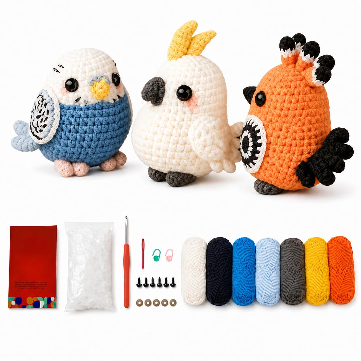 Tevora Orange White Bule 3 Parrot Crochet Kit For Beginners, Bird Animal Starter Set With Yarn, 3.5Mm Hook, Stuffing, Eyes, Needles, Instructions And Video Tutorial, Amigurumi Craft Gift For Adults And Teens