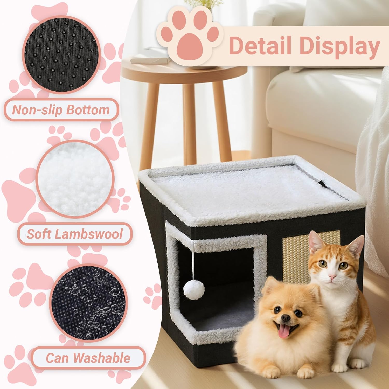 Foldable Double Layer Cat Bed House with Side Sisal Scratching Board and Removable Lamb Wool Cushion,Cooling Breathable Pet Cave for Indoor Cats Small Dog 13.7” Height All Seasons Use