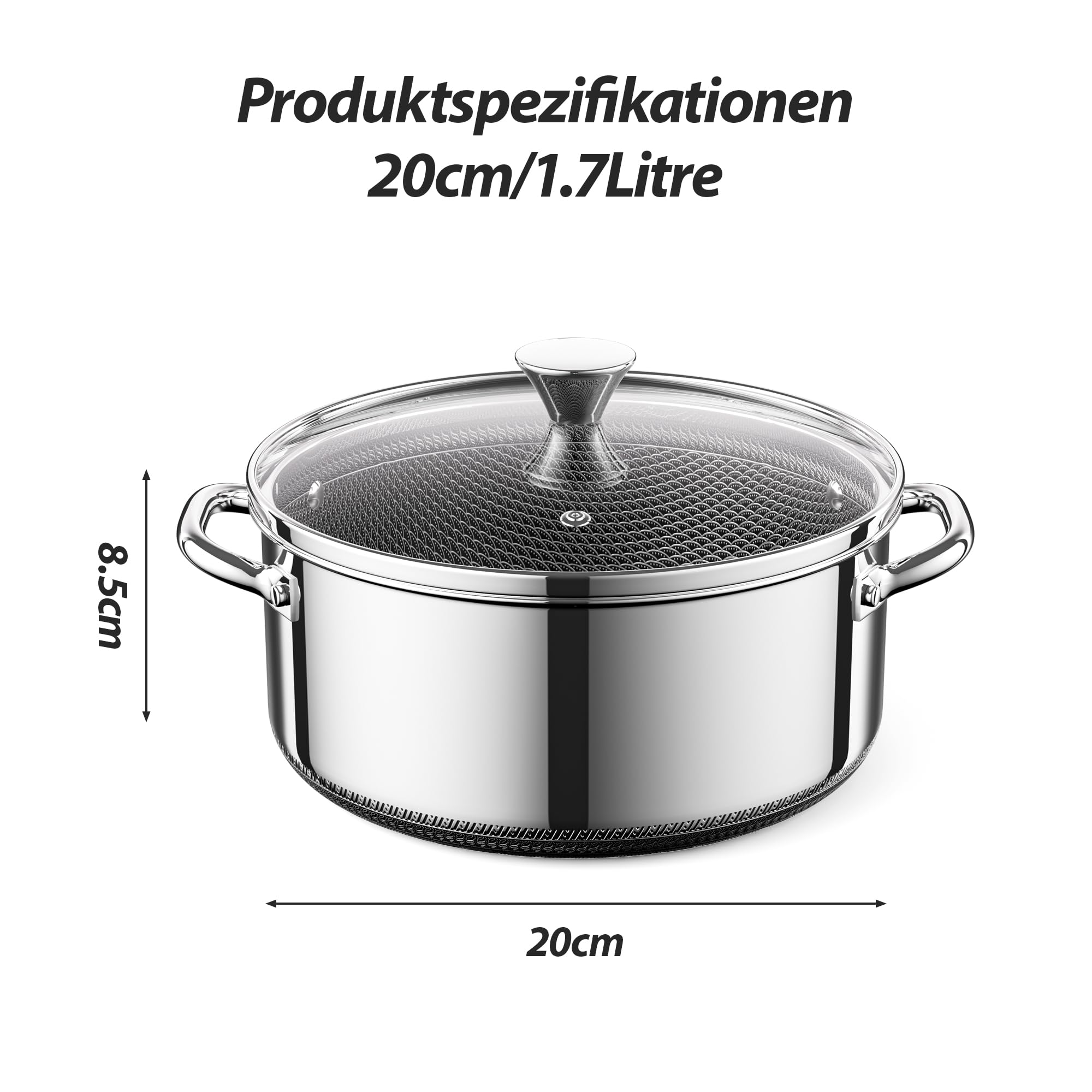 Kochtopf mit Deckel Hybrid 20cm/1.7L, Suppentopf Induktion Antihaft, Kühl bleibender Griff, Spülmaschinenfest, PFAS, PFOA und PTFE Frei, Ofenfest bis 260 °C, Geeignet für Alle Herdarten